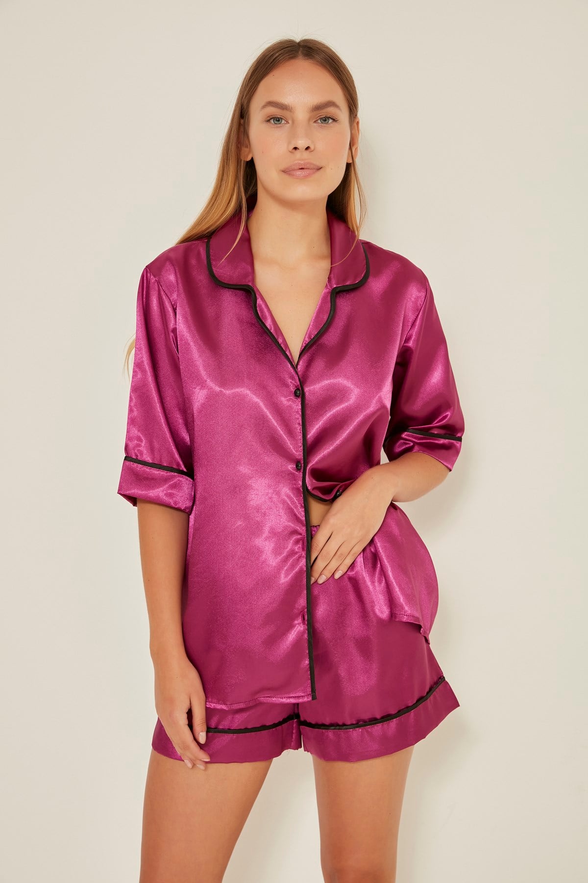 C&City 040 Kadın Saten Kısa Kol Şortlu Pijama Takım Mor
