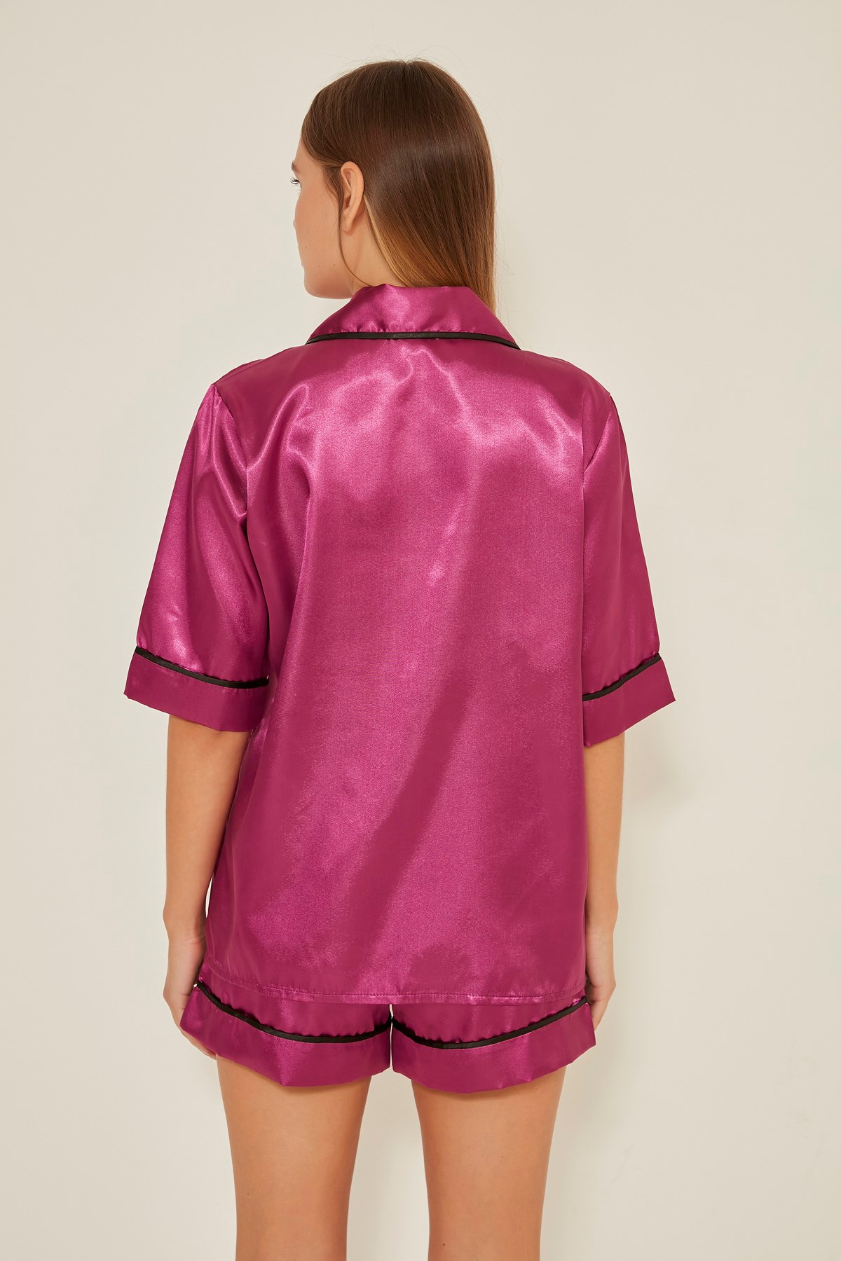 C&City 040 Kadın Saten Kısa Kol Şortlu Pijama Takım Mor