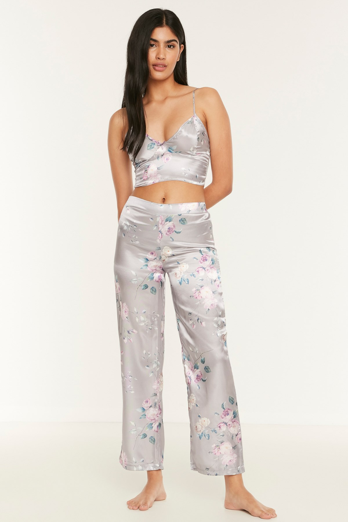 C&City 045 Kadın Desenli 3 Lü Saten Pijama Takım Gri