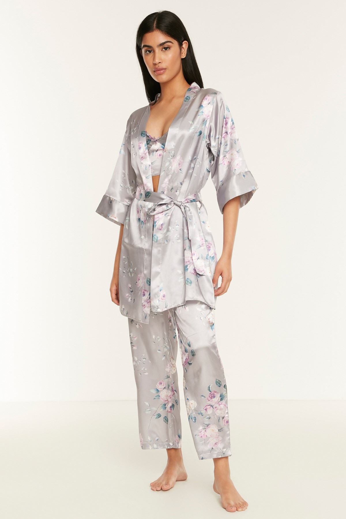 C&City 045 Kadın Desenli 3 Lü Saten Pijama Takım Gri