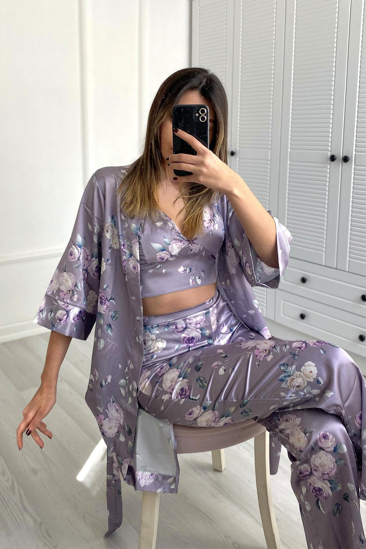 C&City 045 Kadın Desenli 3 Lü Saten Pijama Takım Gri