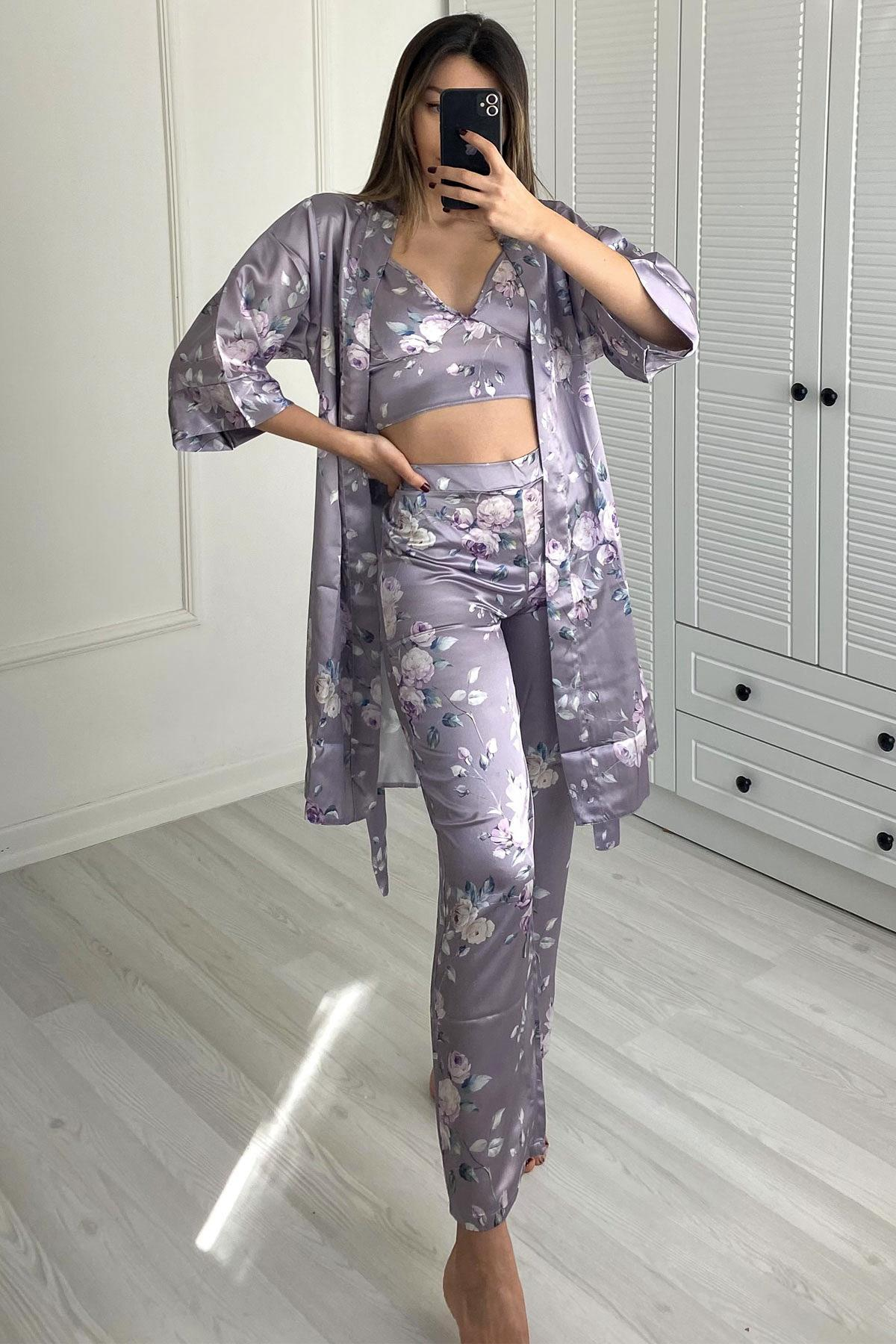 C&City 045 Kadın Desenli 3 Lü Saten Pijama Takım Gri