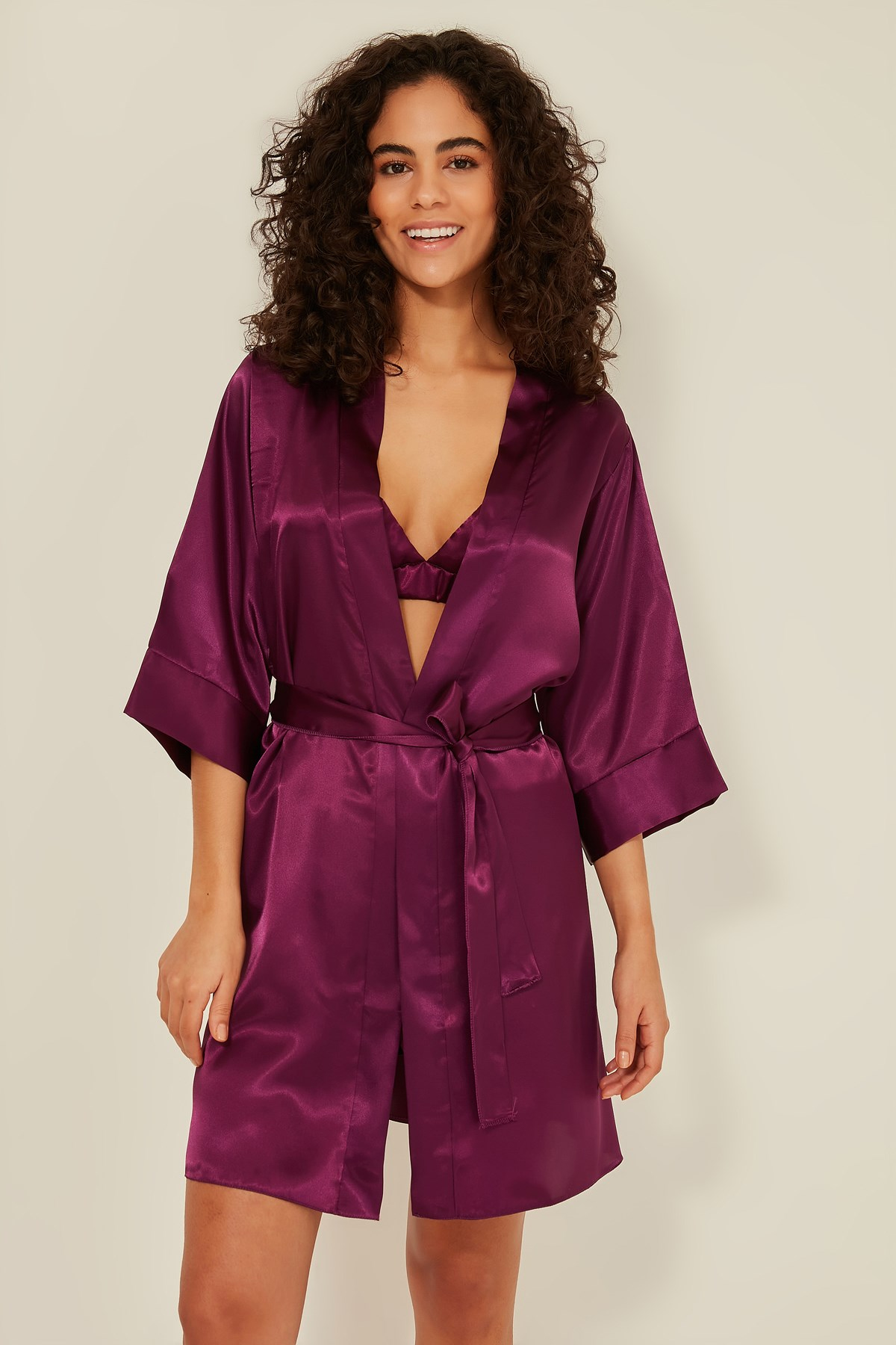 C&City 049 Kadın Saten Şortlu 3 lü Pijama Takım Mor