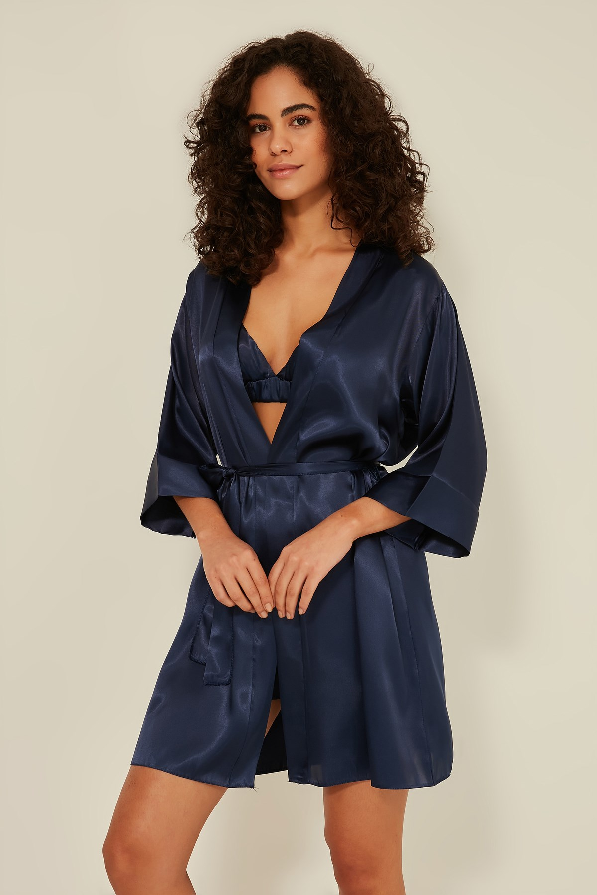 C&City 049 Kadın Saten Şortlu 3 lü Pijama Takım Lacivert