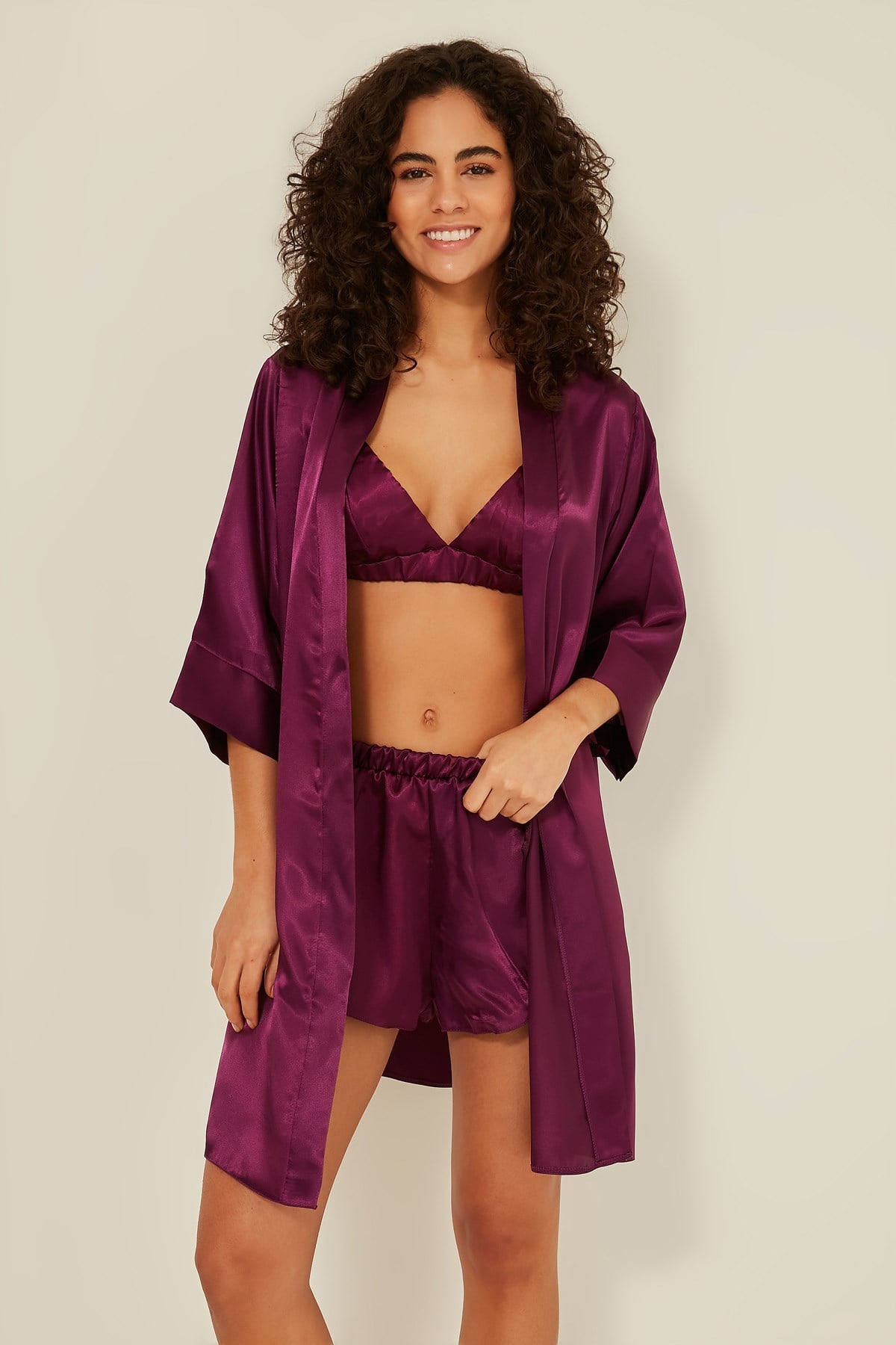 C&City 049 Kadın Saten Şortlu 3 lü Pijama Takım Mor