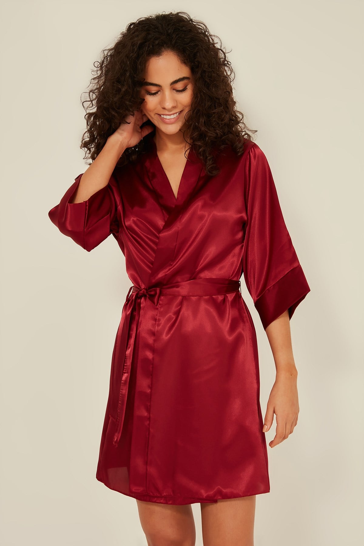 C&City 049 Kadın Saten Şortlu 3 lü Pijama Takım Bordo