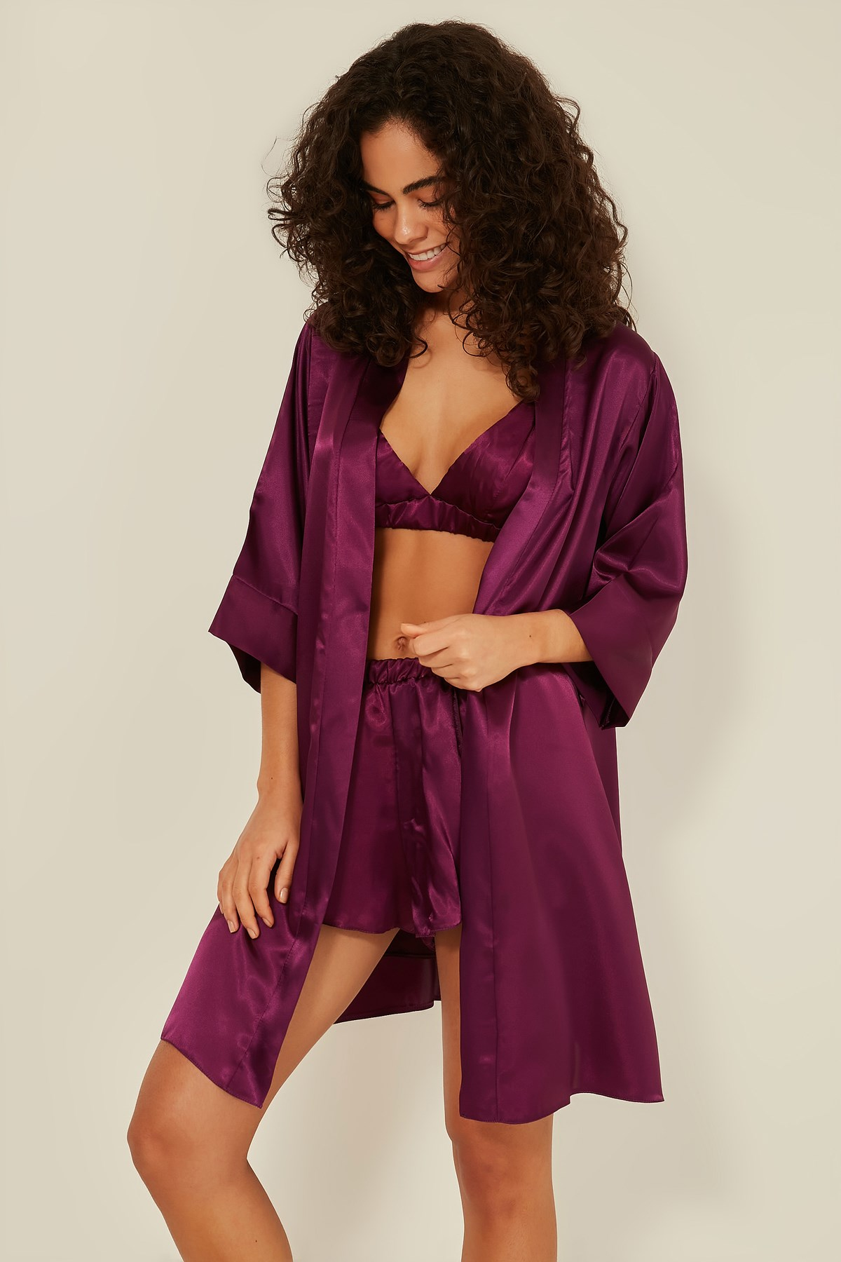 C&City 049 Kadın Saten Şortlu 3 lü Pijama Takım Mor