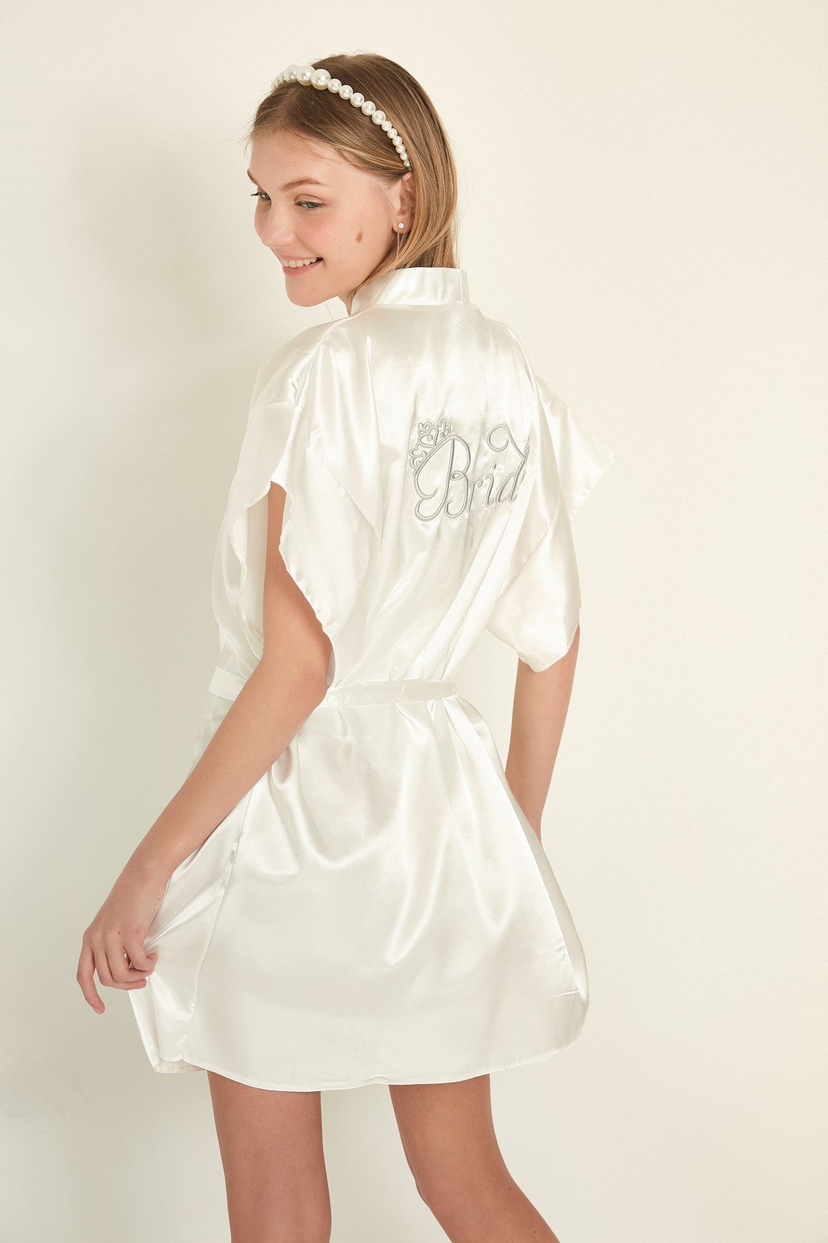 C&City 050 Kadın Bride Nakışlı Saten Sabahlık Ekru