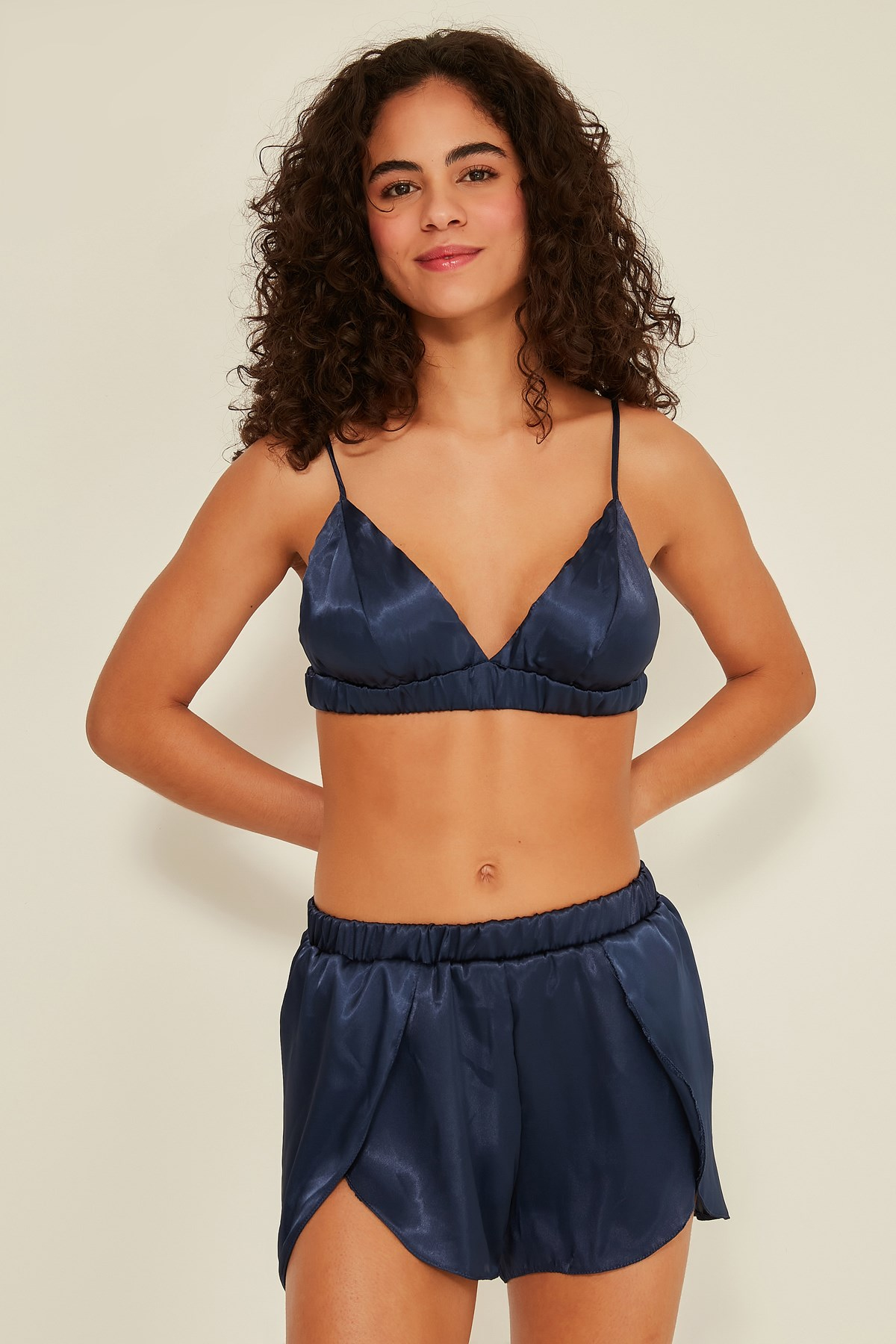 C&City 076 Kadın Saten Sütyen Şort Takım Lacivert