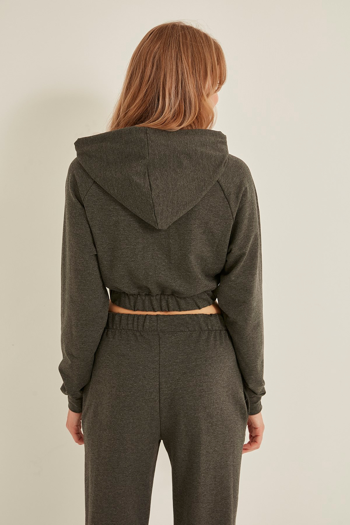 C&City 704 Kadın Kapşonlu Crop Sweat Antrasit