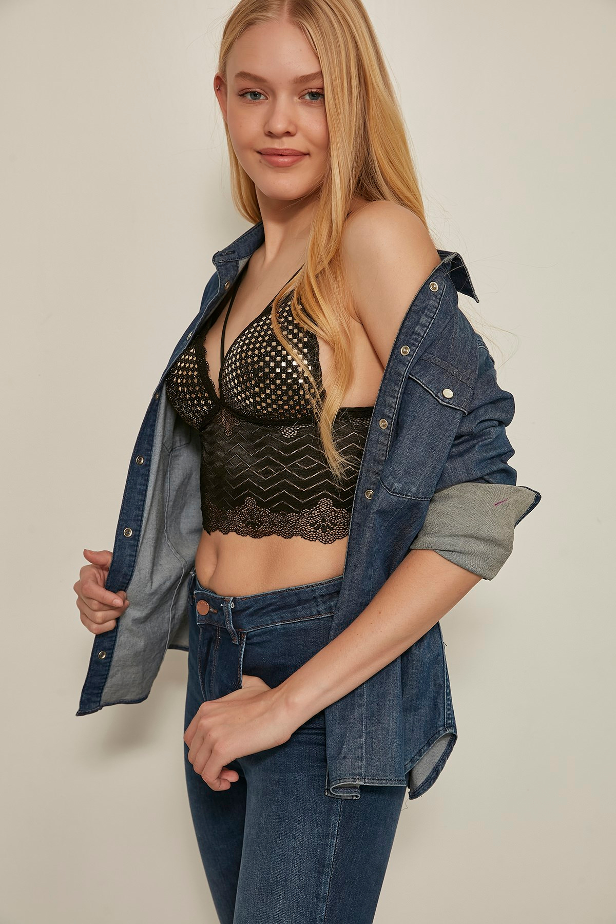 C&City 7128 Kadın Dantelli Payetli Bralet Takım Altın