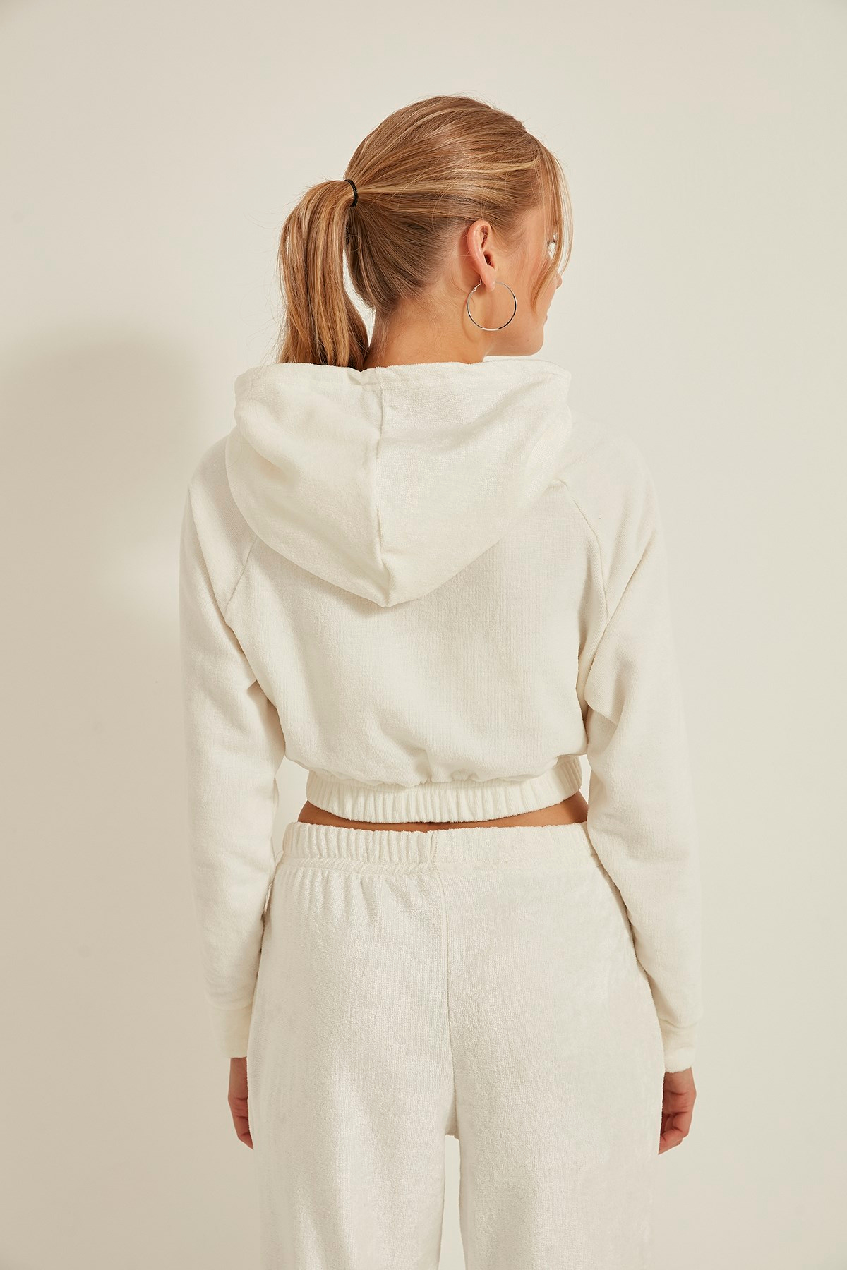 C&City 716 Kadın Kapşonlu Havlu Örme Crop Sweat Ekru