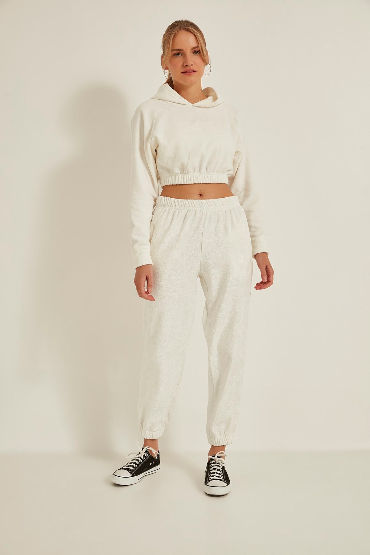 C&City 716 Kadın Kapşonlu Havlu Örme Crop Sweat Ekru