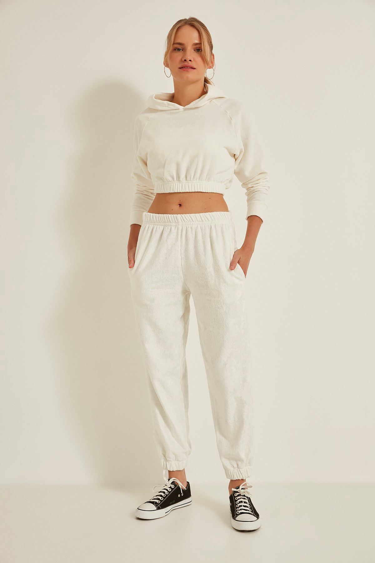 C&City 716 Kadın Kapşonlu Havlu Örme Crop Sweat Ekru