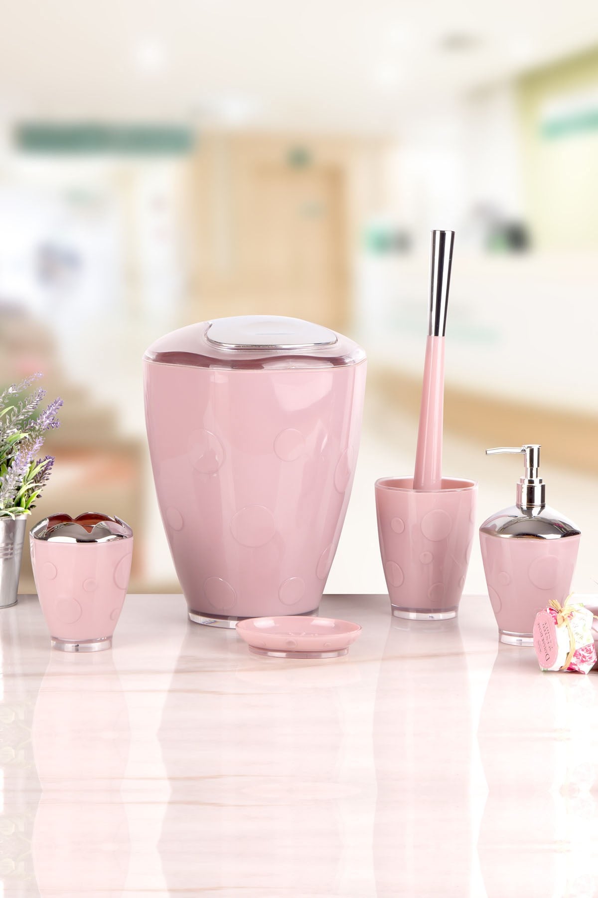 C&City Akrilik Puantiyeli 5 Parça Kromajlı  Banyo Seti Pembe