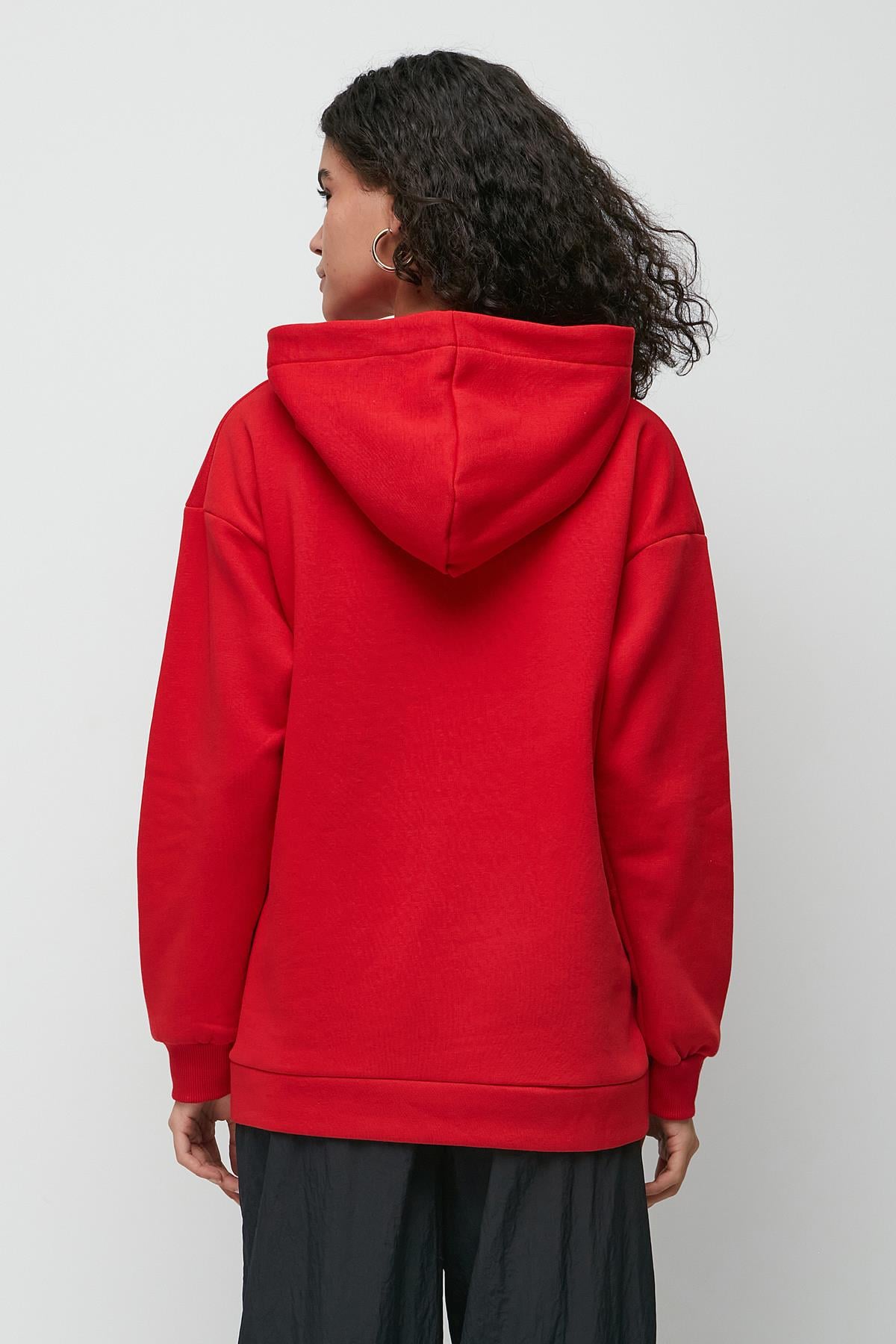 C&City Baskılı Kapüşonlu Uzun Kol Kalın Sweatshirt 952 Kırmızı