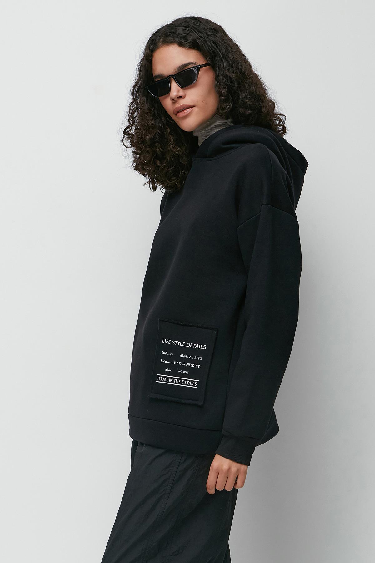 C&City Baskılı Kapüşonlu Uzun Kol Kalın Sweatshirt 952 Siyah