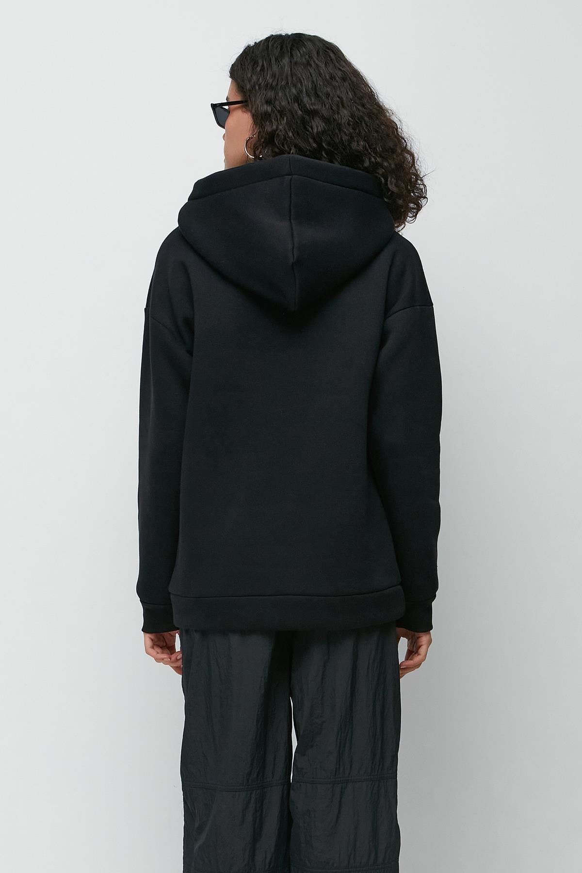 C&City Baskılı Kapüşonlu Uzun Kol Kalın Sweatshirt 952 Siyah