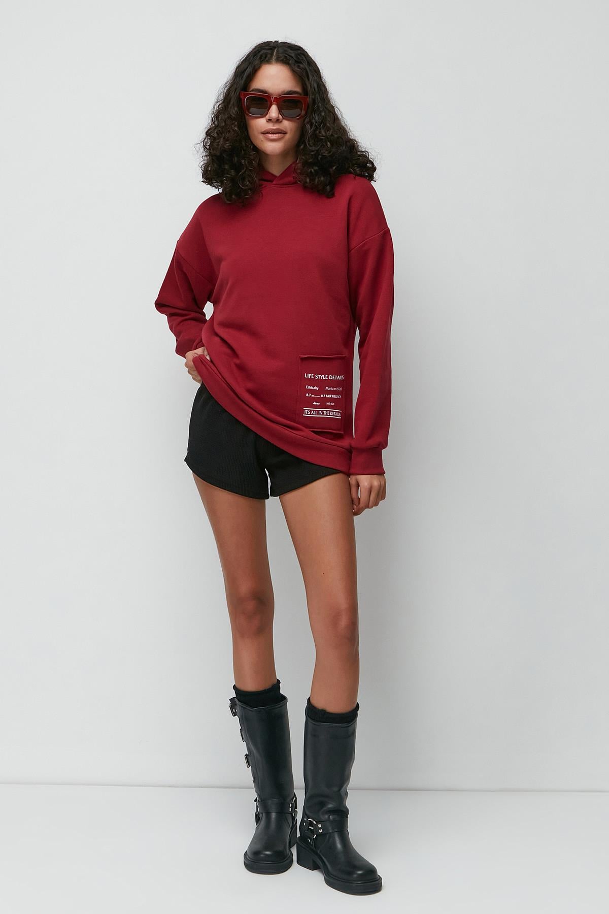 C&City Baskılı Kapüşonlu Uzun Kol Kalın Sweatshirt 952 Bordo