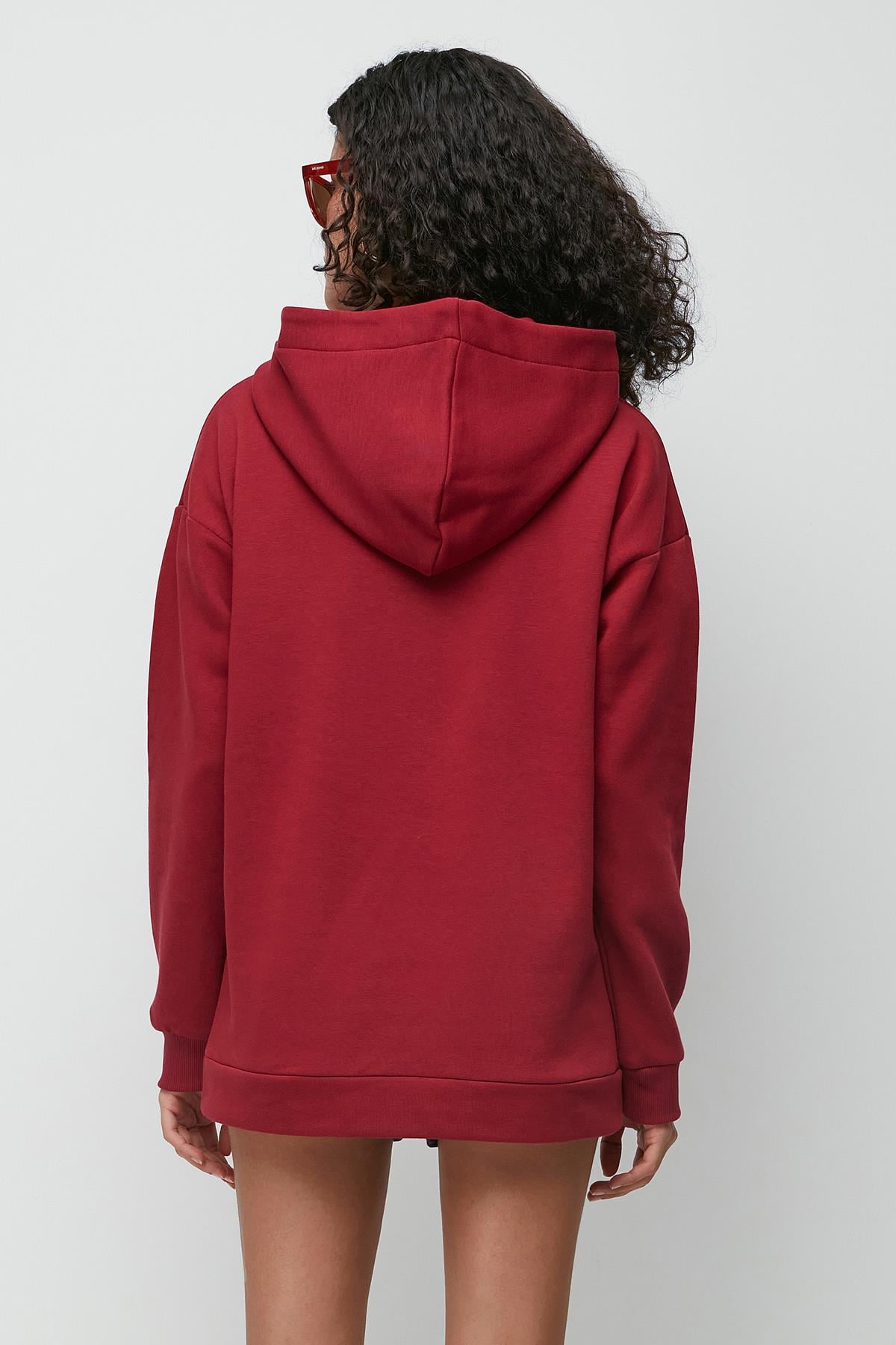 C&City Baskılı Kapüşonlu Uzun Kol Kalın Sweatshirt 952 Bordo