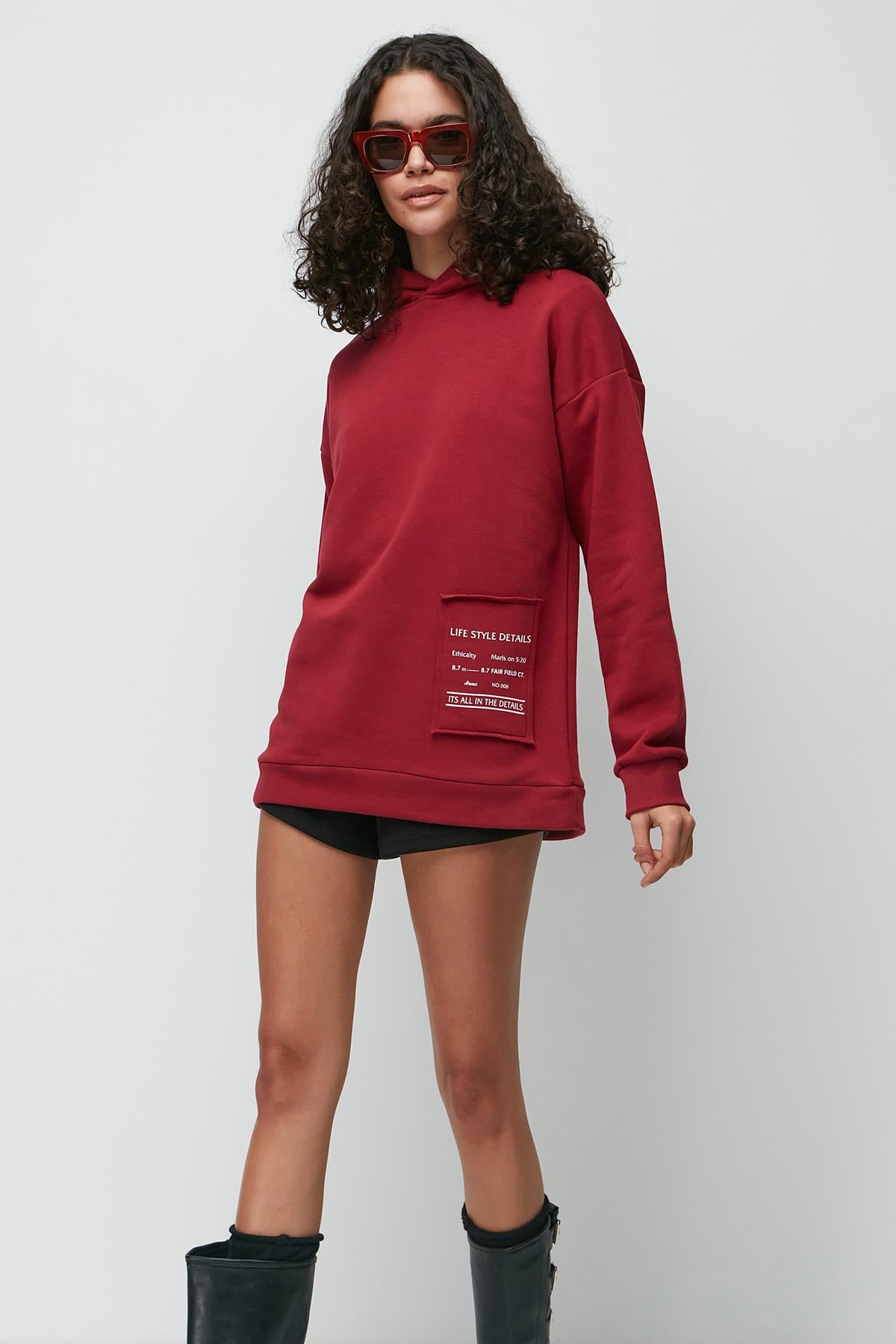 C&City Baskılı Kapüşonlu Uzun Kol Kalın Sweatshirt 952 Bordo
