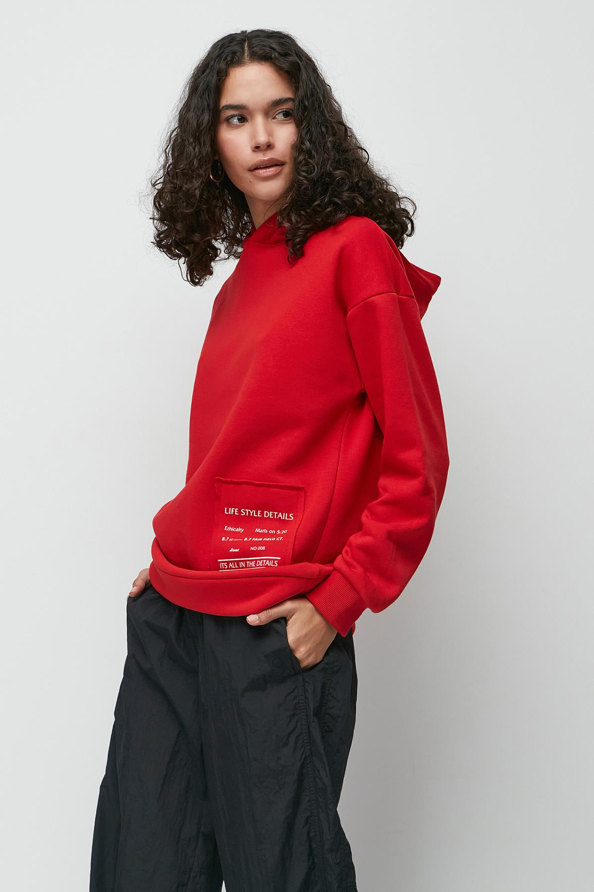 C&City Baskılı Kapüşonlu Uzun Kol Kalın Sweatshirt 952 Kırmızı