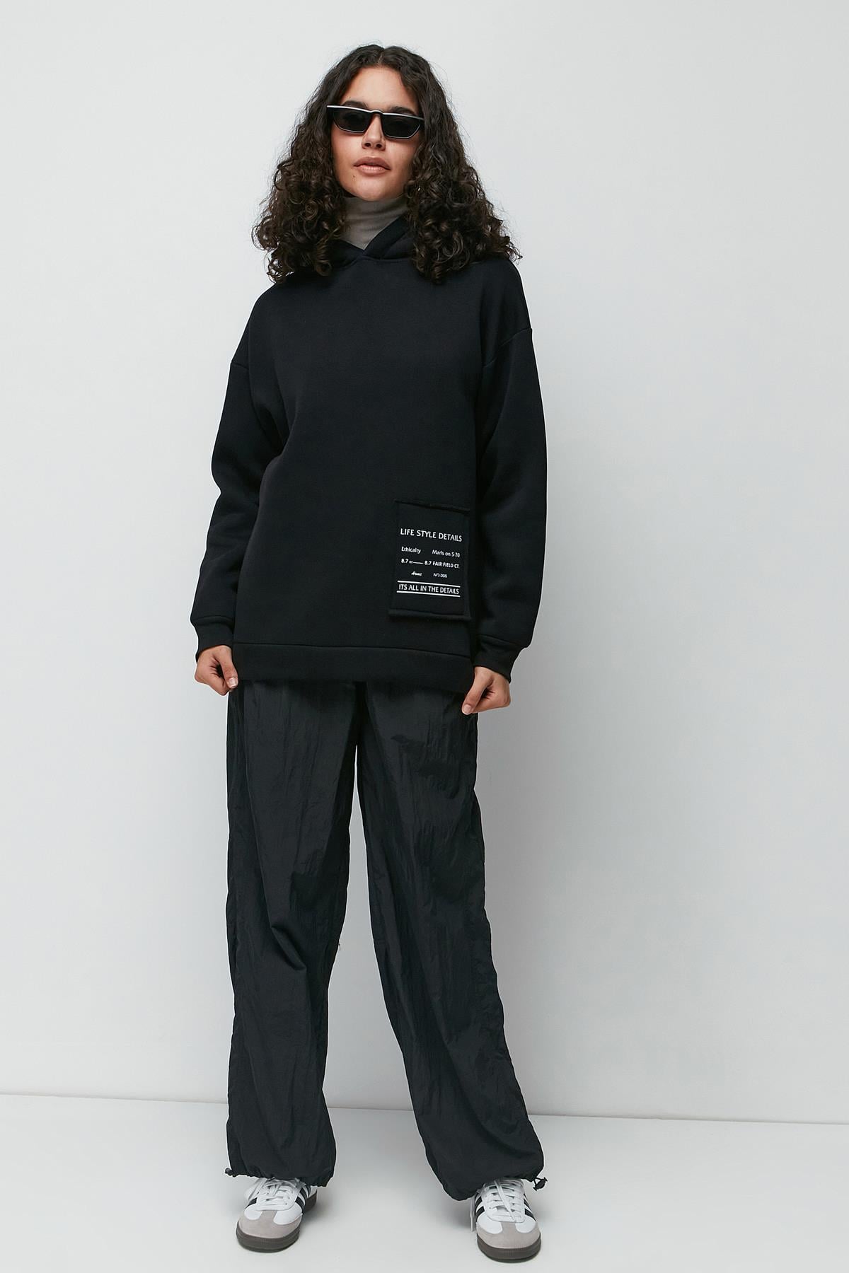 C&City Baskılı Kapüşonlu Uzun Kol Kalın Sweatshirt 952 Siyah