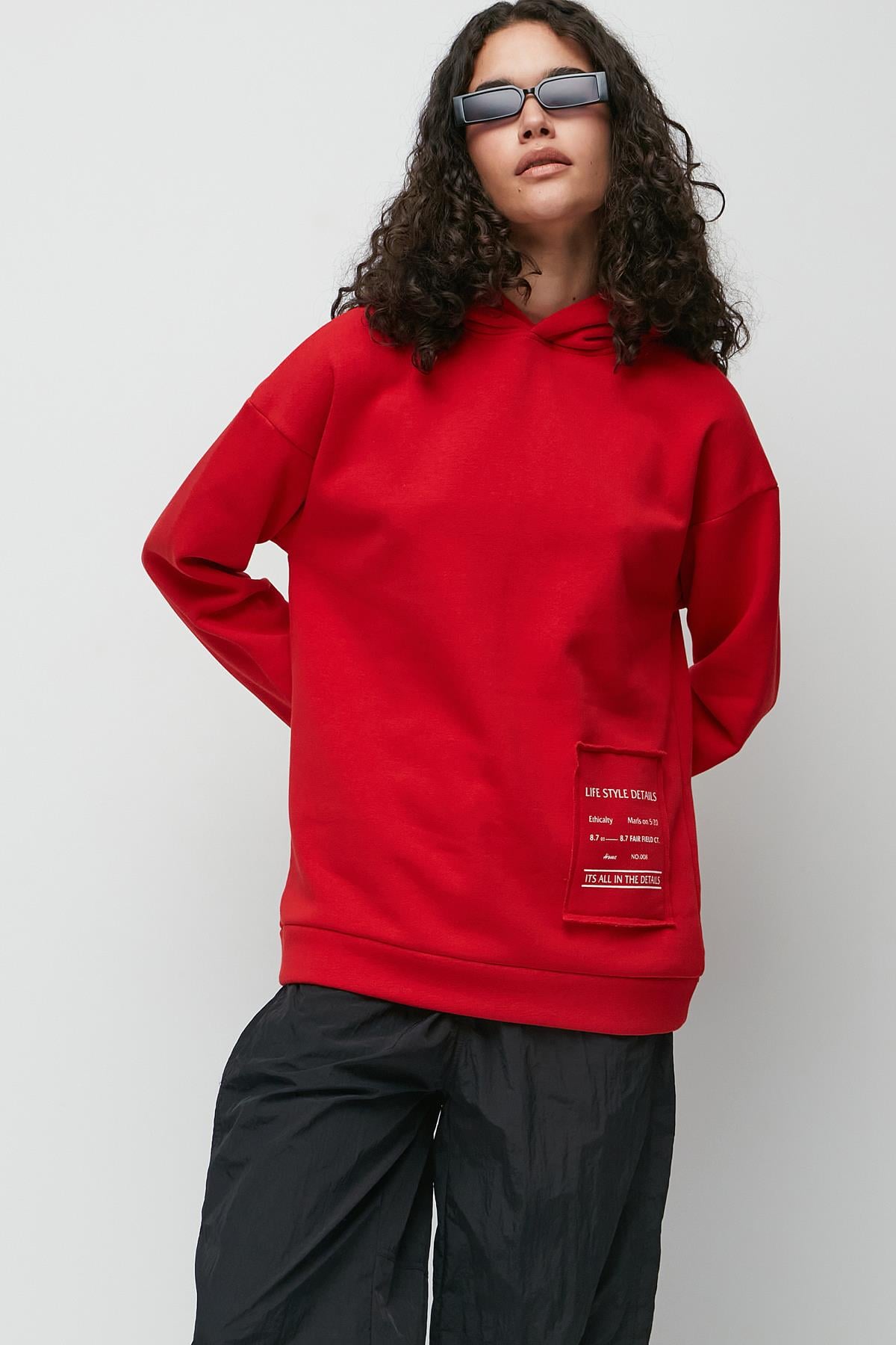 C&City Baskılı Kapüşonlu Uzun Kol Kalın Sweatshirt 952 Kırmızı
