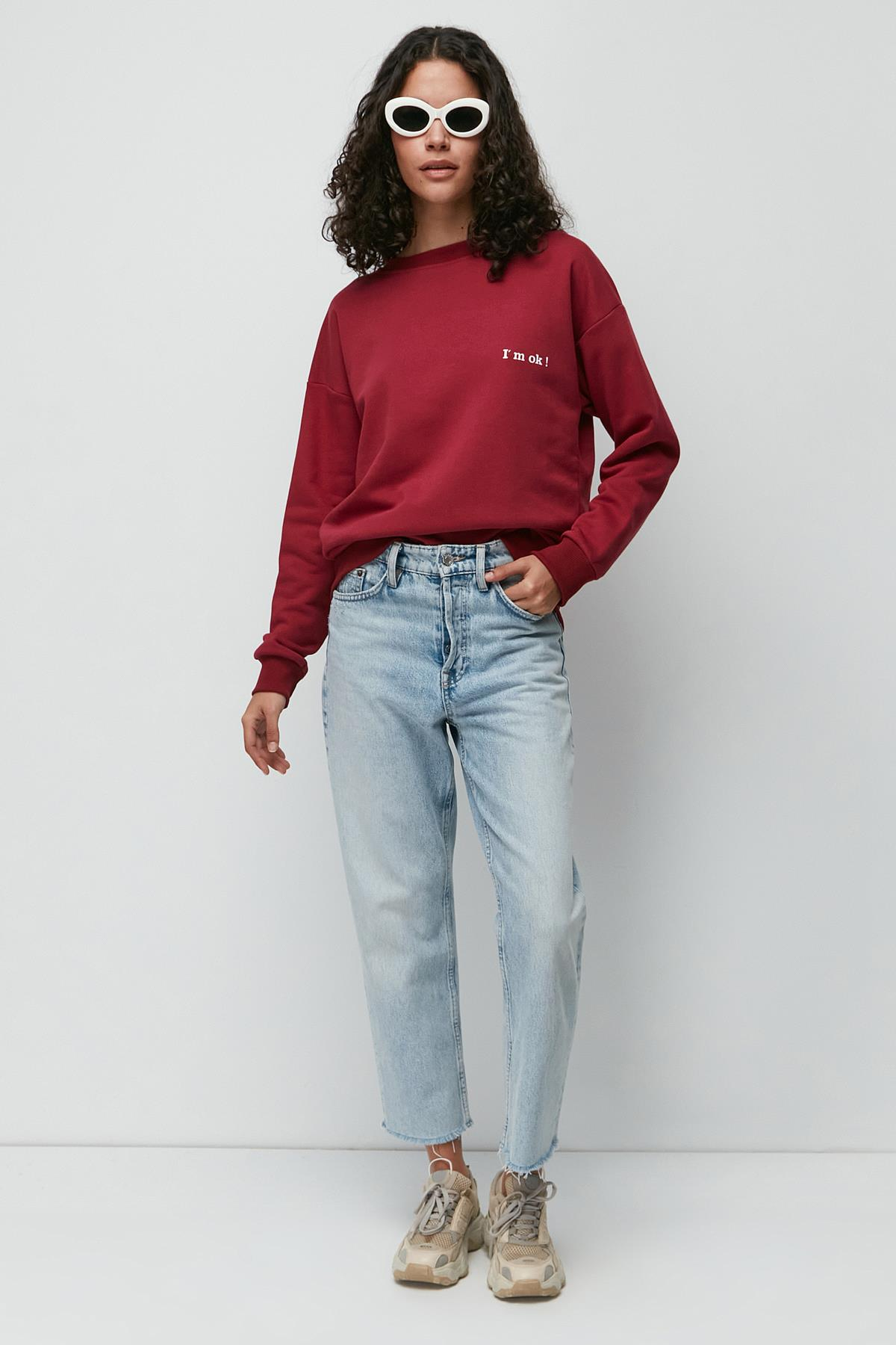 C&City Baskılı Oversize Uzun Kol Kalın Sweatshirt 950 Bordo