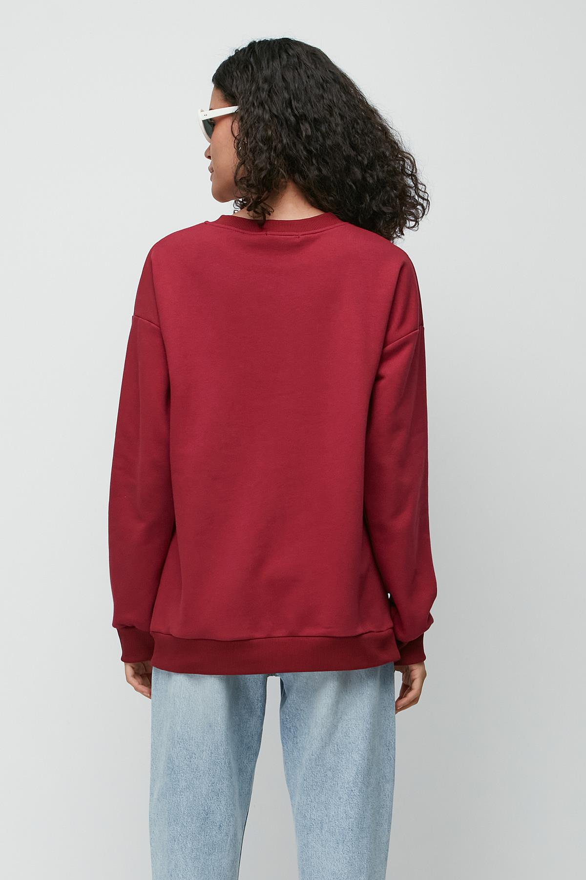 C&City Baskılı Oversize Uzun Kol Kalın Sweatshirt 950 Bordo