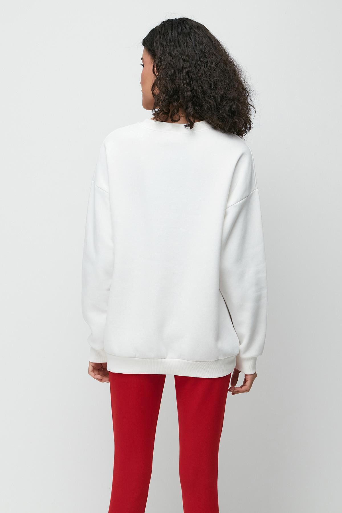 C&City Baskılı Oversize Uzun Kol Kalın Sweatshirt 950 Ekru