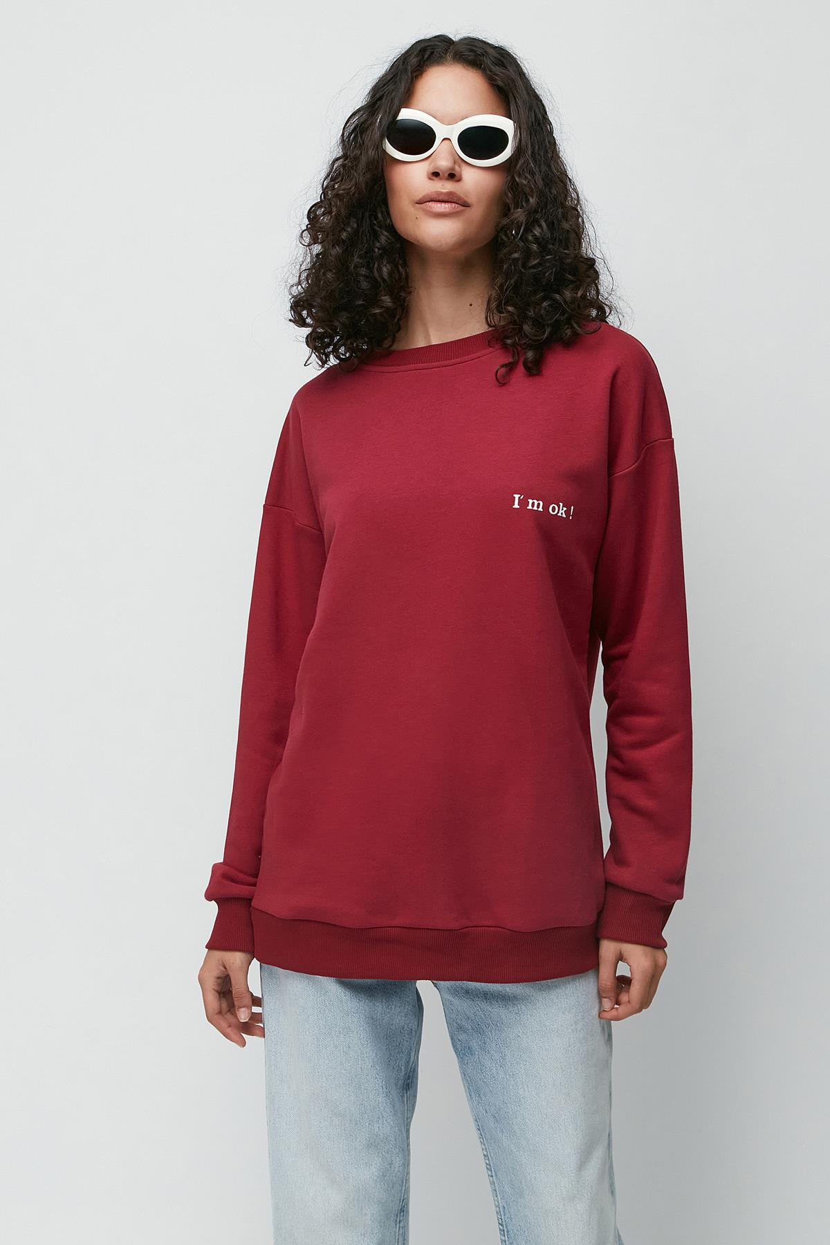 C&City Baskılı Oversize Uzun Kol Kalın Sweatshirt 950 Bordo