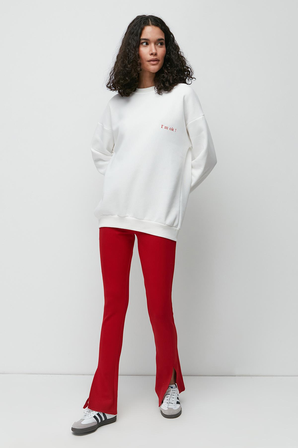 C&City Baskılı Oversize Uzun Kol Kalın Sweatshirt 950 Ekru