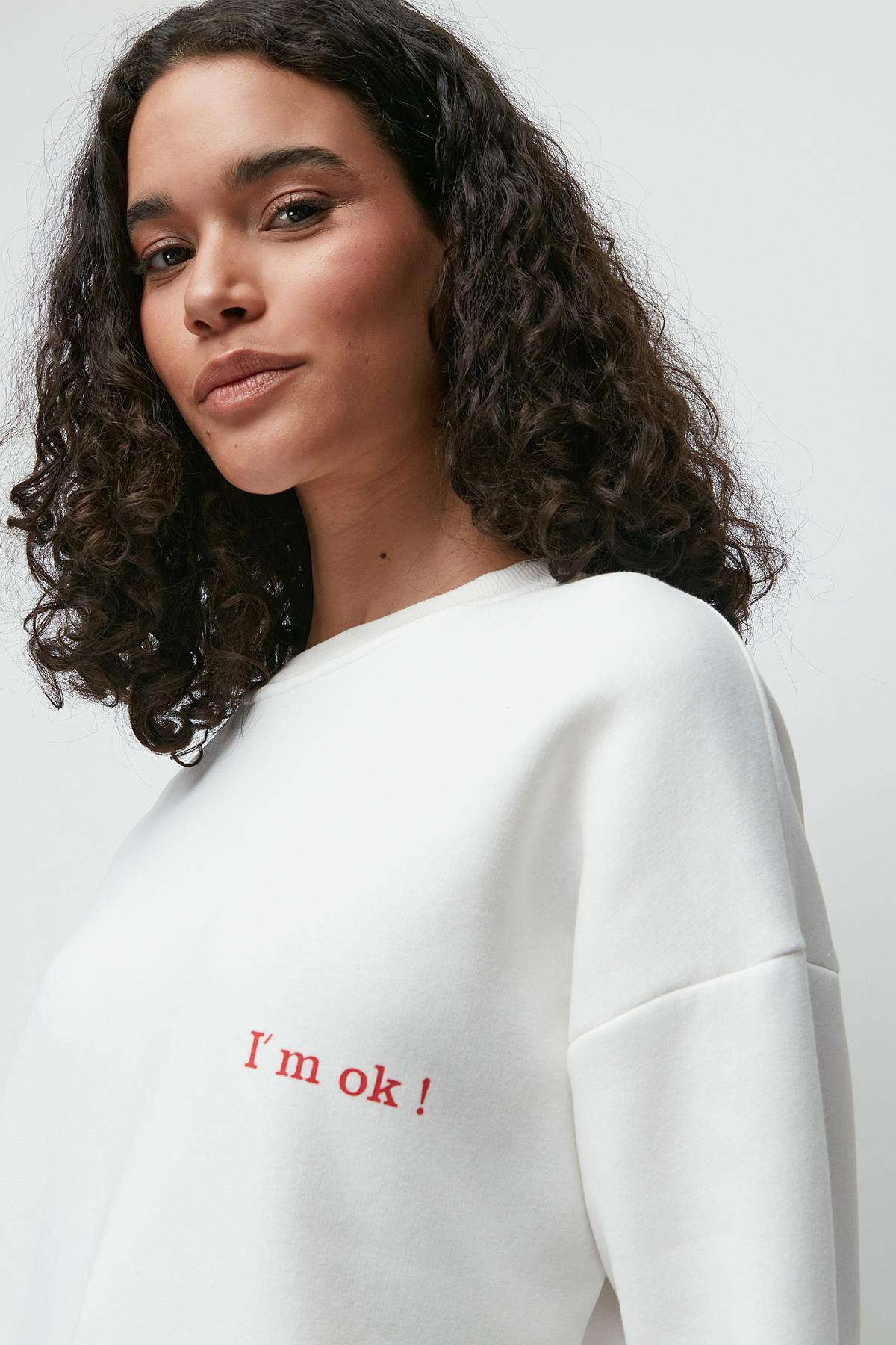 C&City Baskılı Oversize Uzun Kol Kalın Sweatshirt 950 Ekru