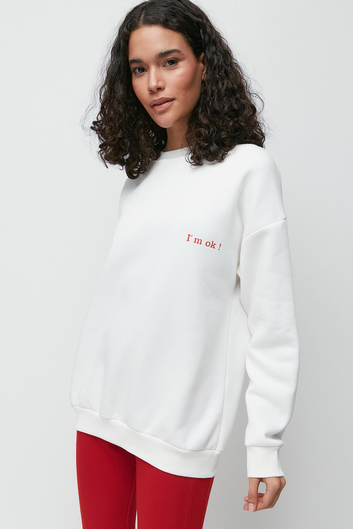 C&City Baskılı Oversize Uzun Kol Kalın Sweatshirt 950 Ekru