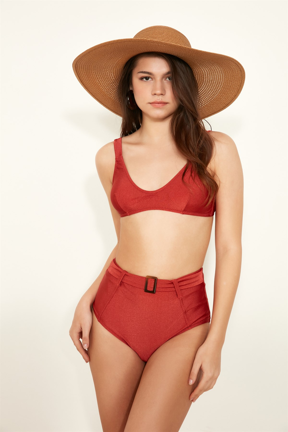 C&City Bitişik Üçgen Yükek Bel Bikini Takım 3114 Kremit