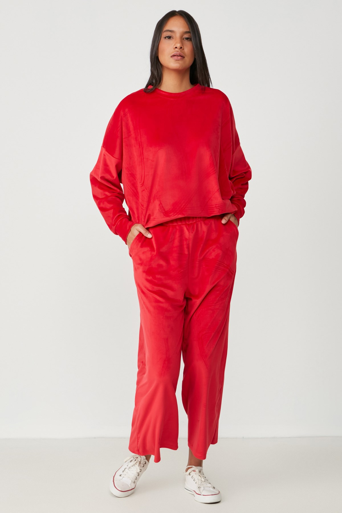 C&City Bol Paça Kadife Pijama Takım 9076 Kırmızı