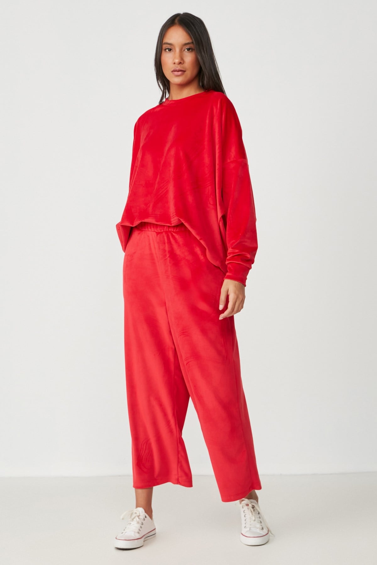 C&City Bol Paça Kadife Pijama Takım 9076 Kırmızı