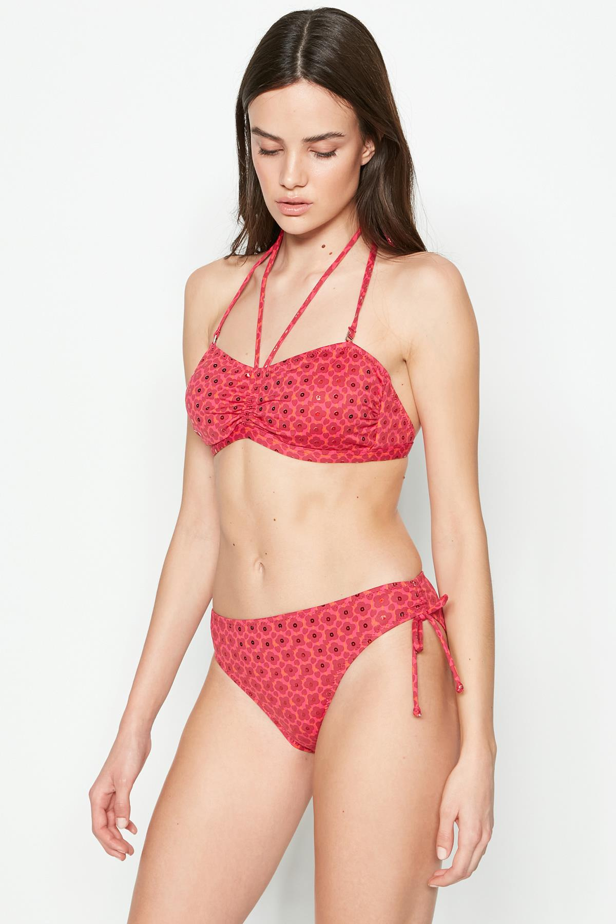 C&City Boyun Askı Detaylı Straplez Bikini Takım 3232 Nar Çiçeği