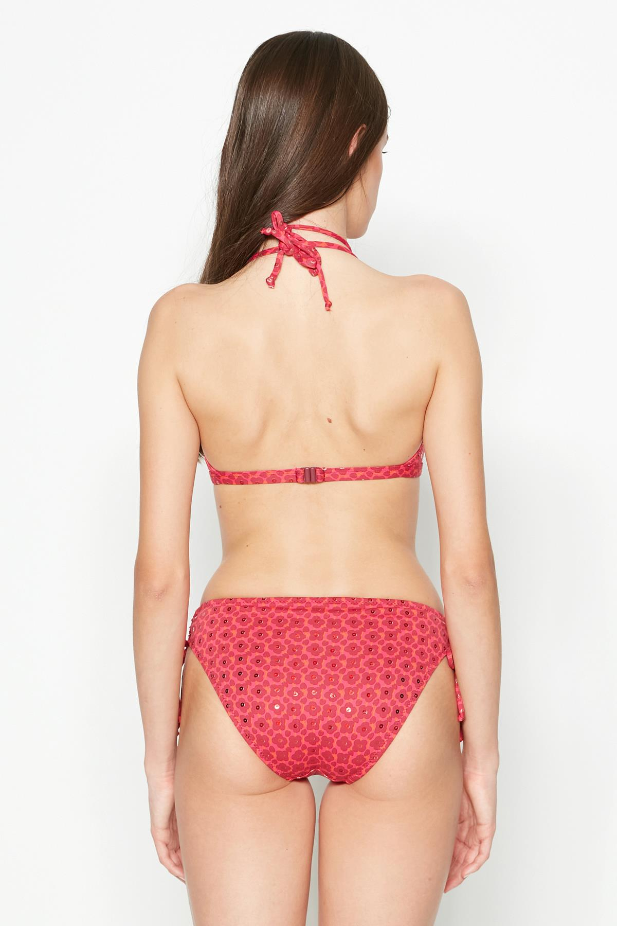 C&City Boyun Askı Detaylı Straplez Bikini Takım 3232 Nar Çiçeği