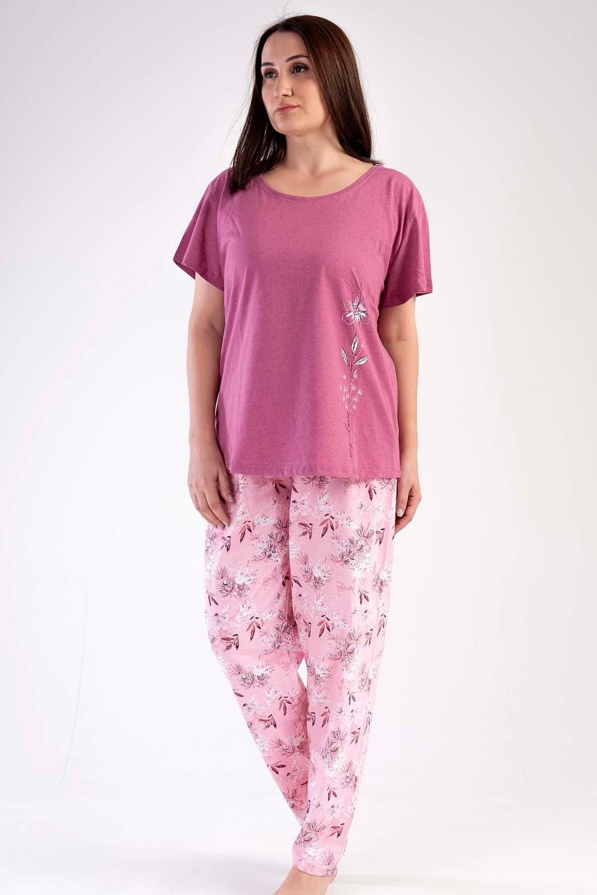 C&City Büyük Beden Kısa Kol Pijama Takım Mor-441035