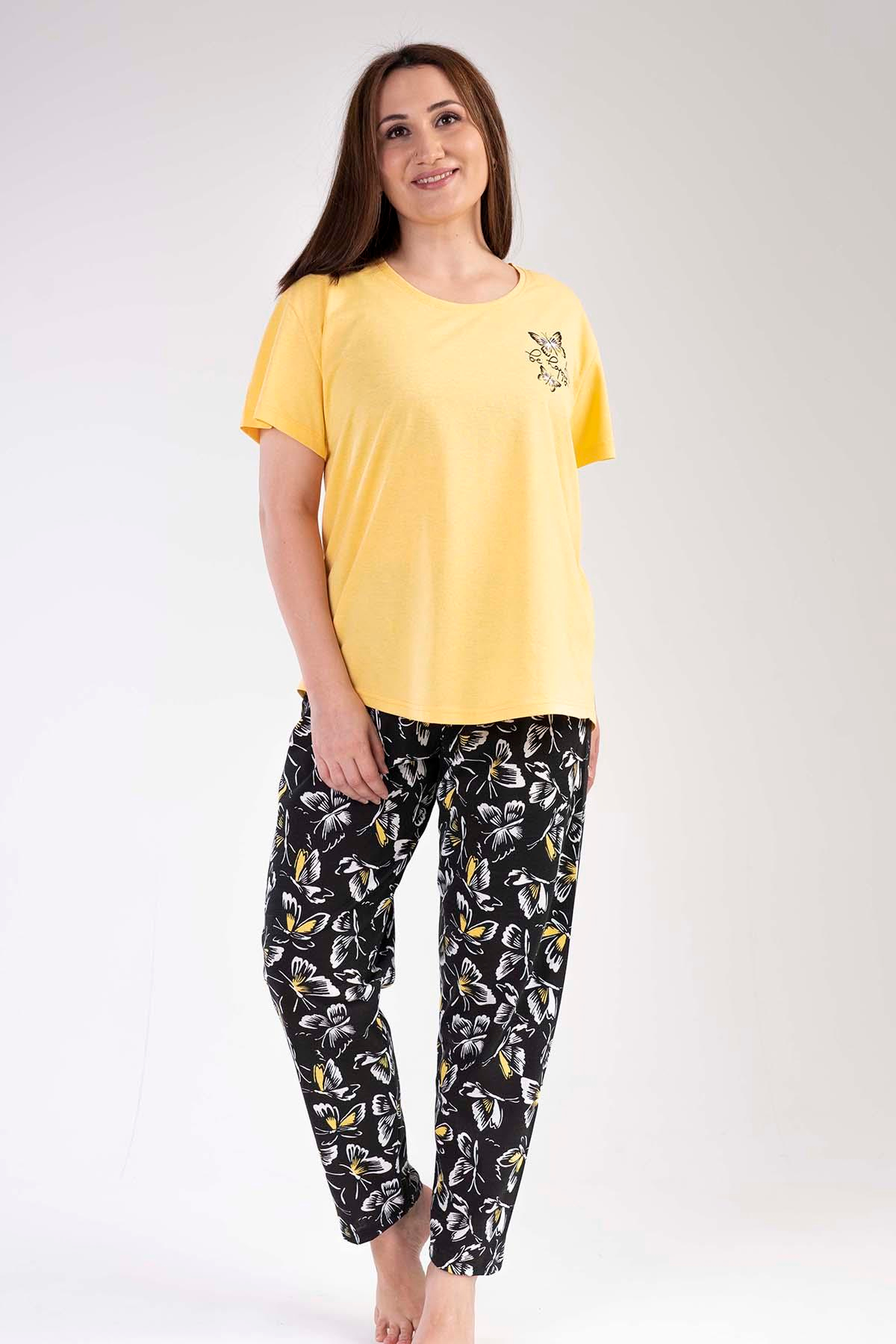 C&City 2023 Büyük Beden Kısa Kol Pijama Takım Sarı-441038