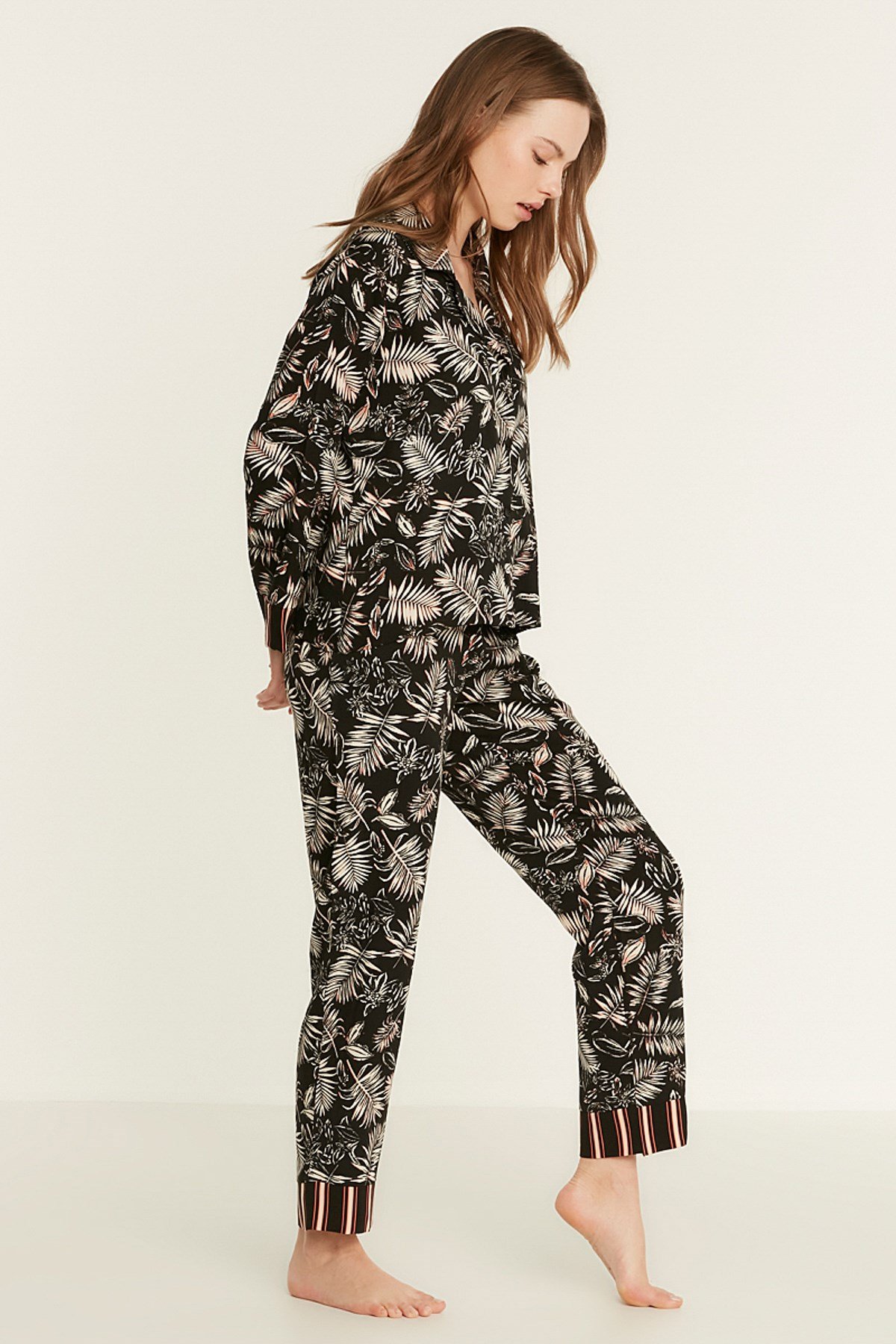 C&City Desenli Viskon Uzun Kol Gömlekli Pijama Takım 9082 Siyah