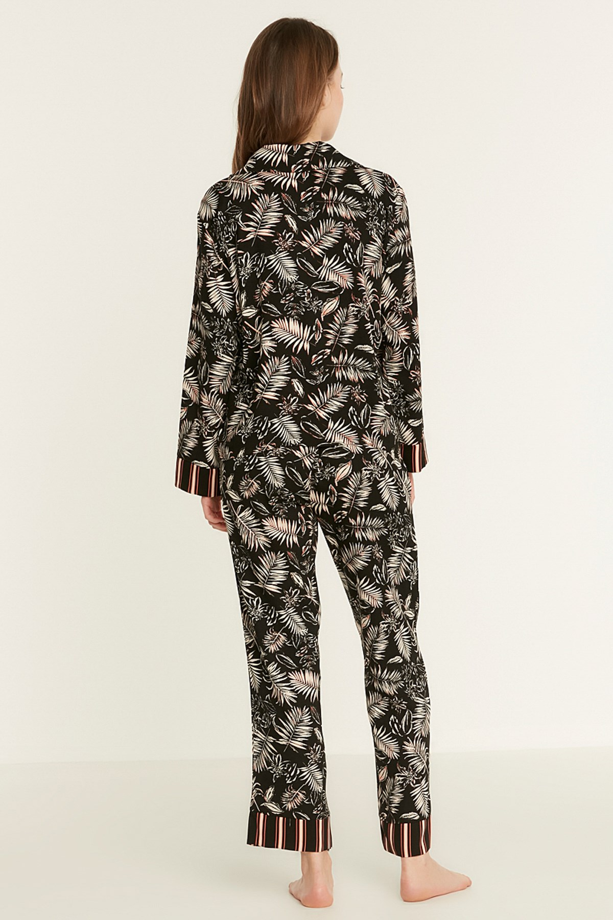 C&City Desenli Viskon Uzun Kol Gömlekli Pijama Takım 9082 Siyah