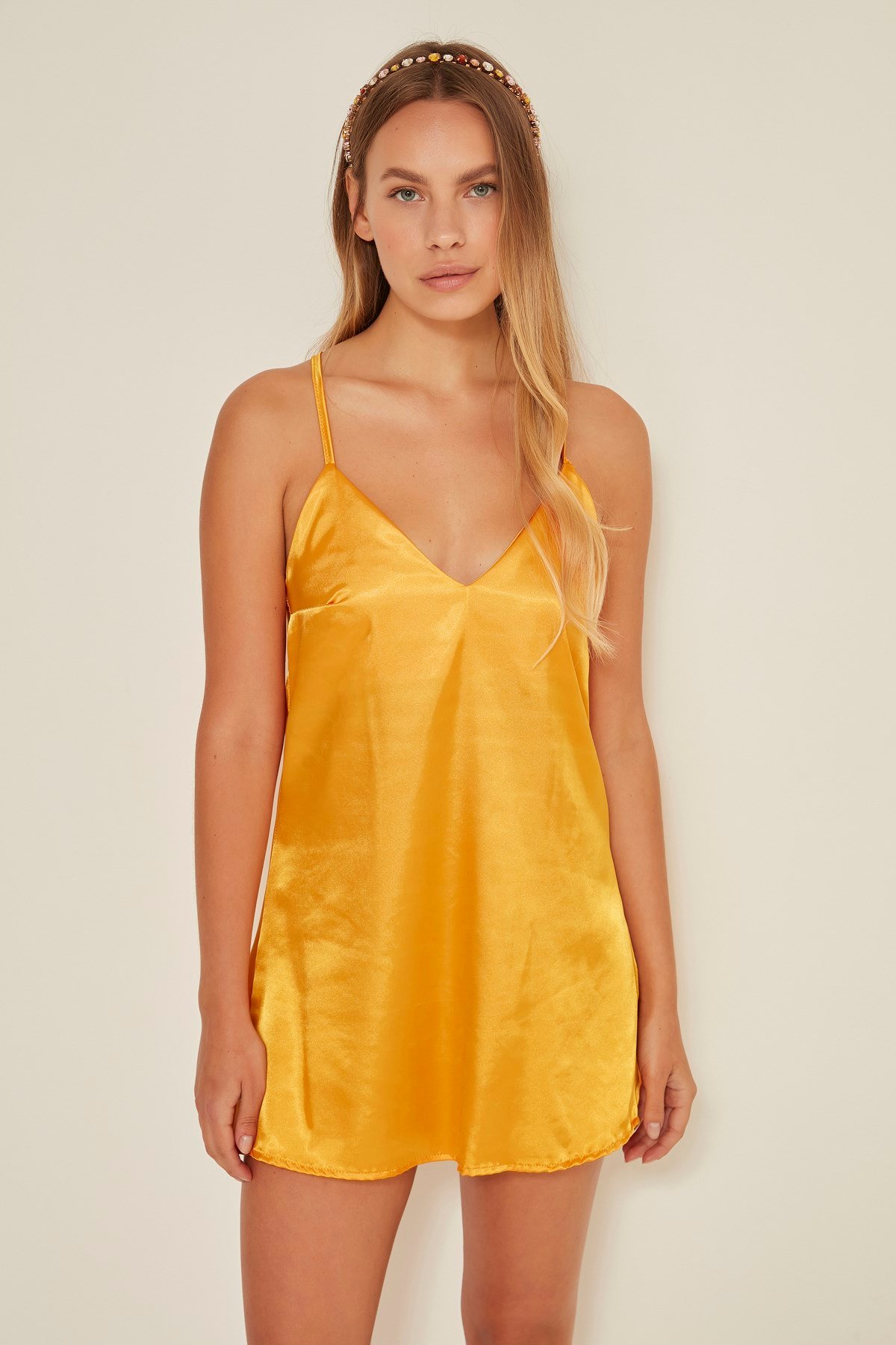 C&City Elze Hagen Kadın Saten Gecelik Hardal