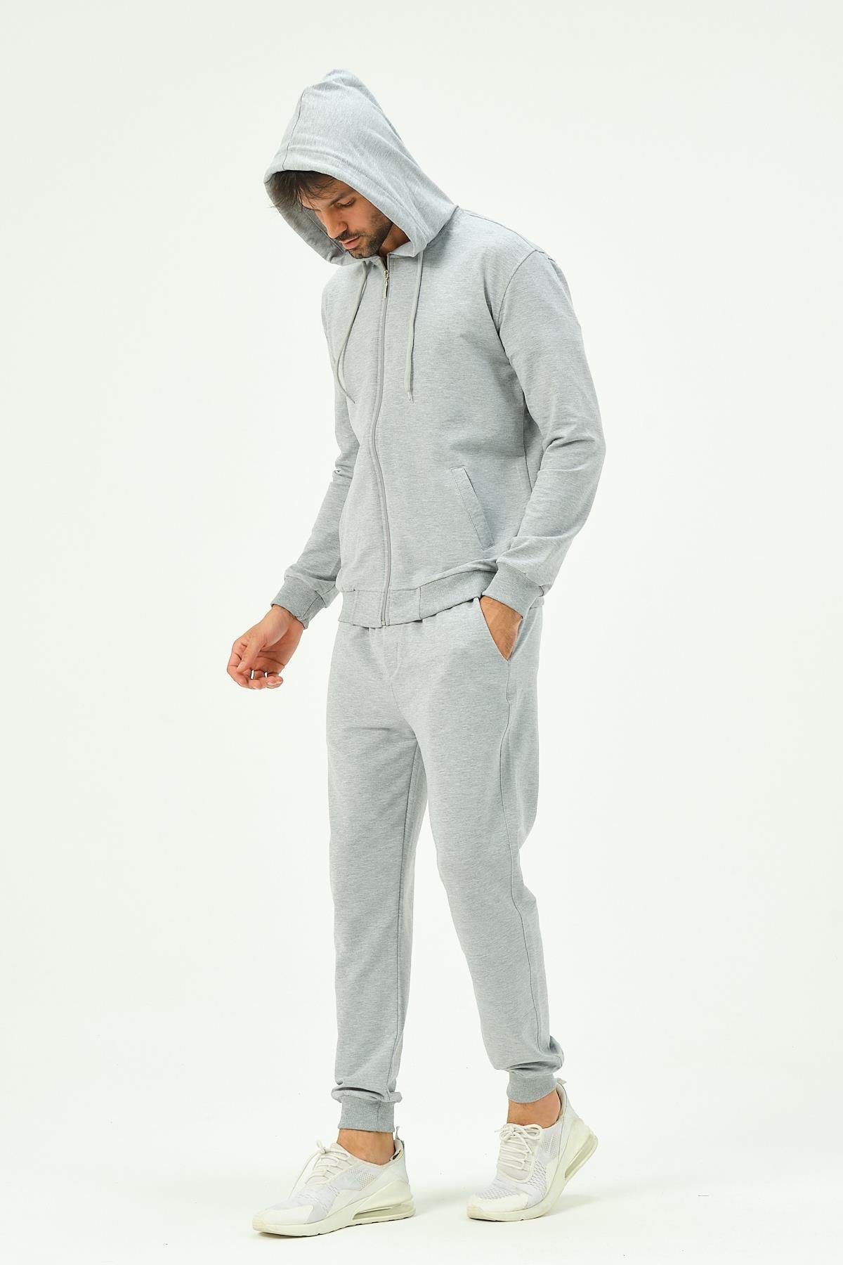 C&City Erkek Kapüşonlu Önü Fermuarlı Manşetli Paça Eşofman Takım 8702 Gri