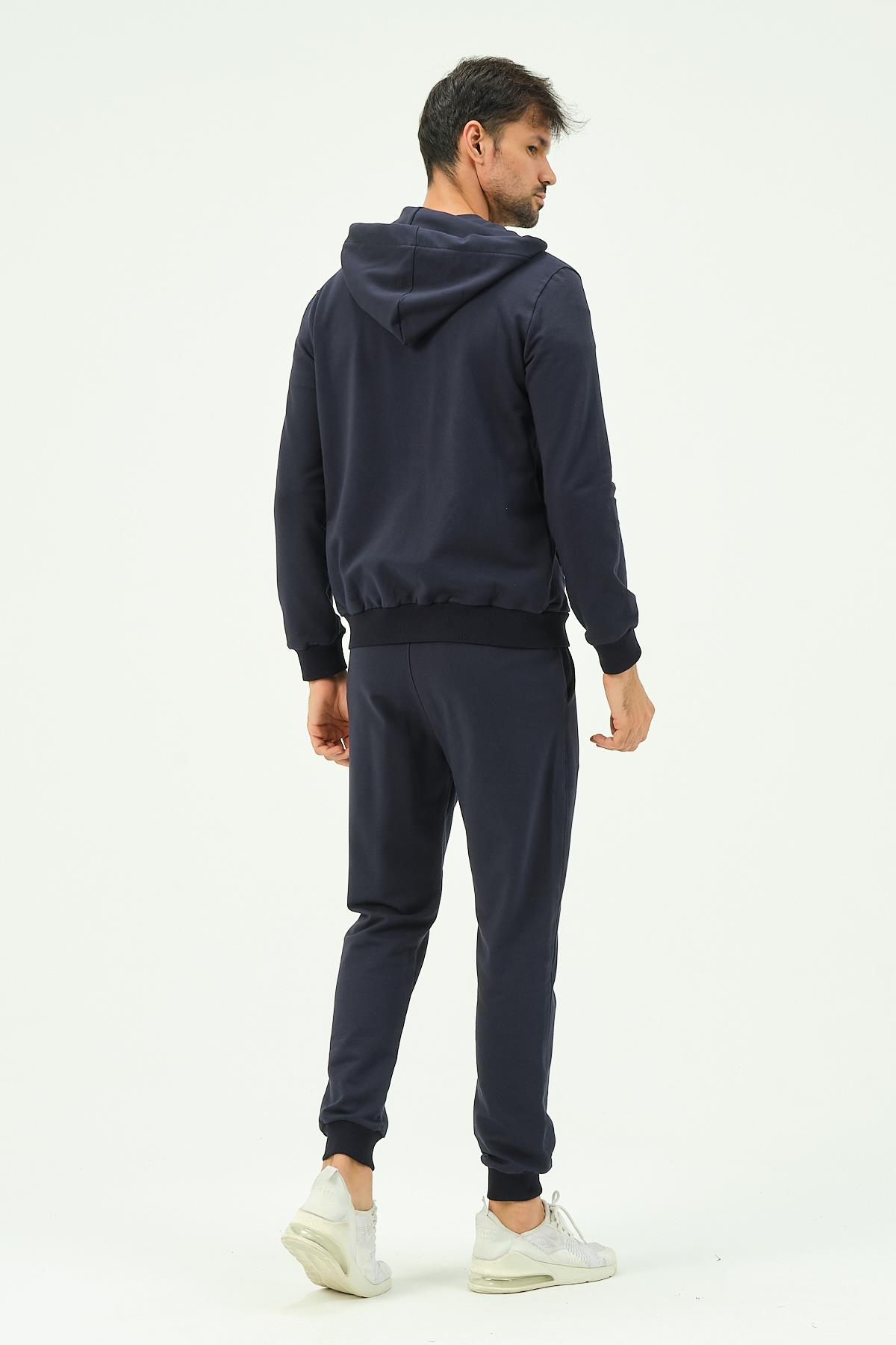 C&City Erkek Kapüşonlu Önü Fermuarlı Manşetli Paça Eşofman Takım 8702 Lacivert
