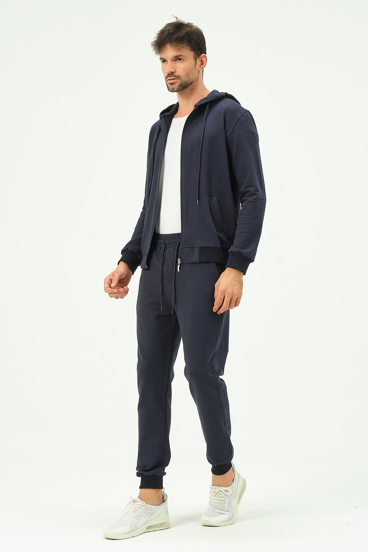C&City Erkek Kapüşonlu Önü Fermuarlı Manşetli Paça Eşofman Takım 8702 Lacivert