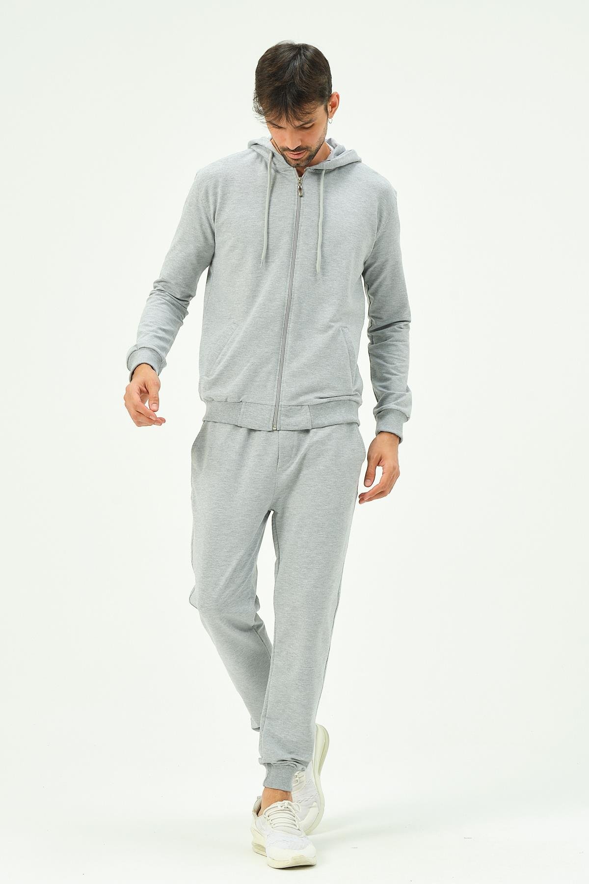 C&City Erkek Kapüşonlu Önü Fermuarlı Manşetli Paça Eşofman Takım 8702 Gri