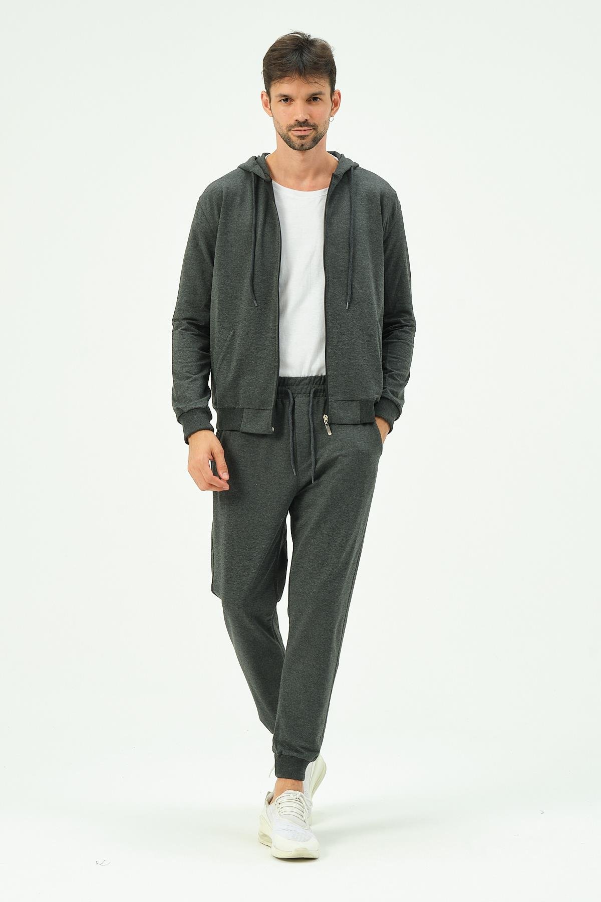 C&City Erkek Kapüşonlu Önü Fermuarlı Manşetli Paça Eşofman Takım 8702 Antrasit
